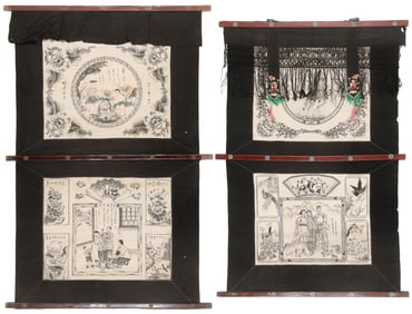 2 Chinese Hand-Painted 2-Panel Theater Curtains