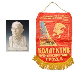 Plaster Bust And Banner Of Vladimir Lenin (1870-1924)