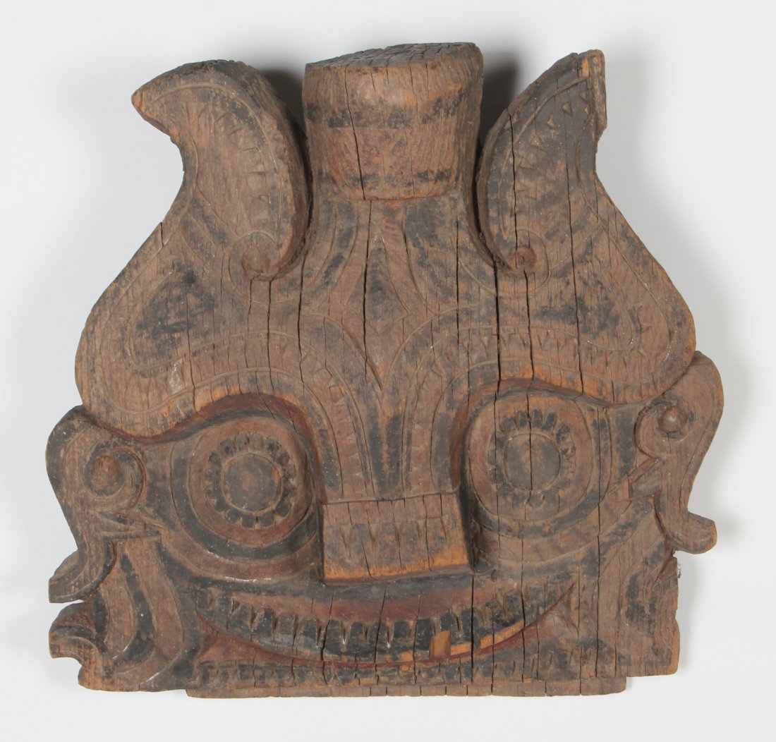 South Pacific Totem Head: South Pacific Totem Head Possibly Maori. Weathered painted surface. Size: 20" x 20" x 3.5". Provenance: Max Garb, Chicago, Illinois.