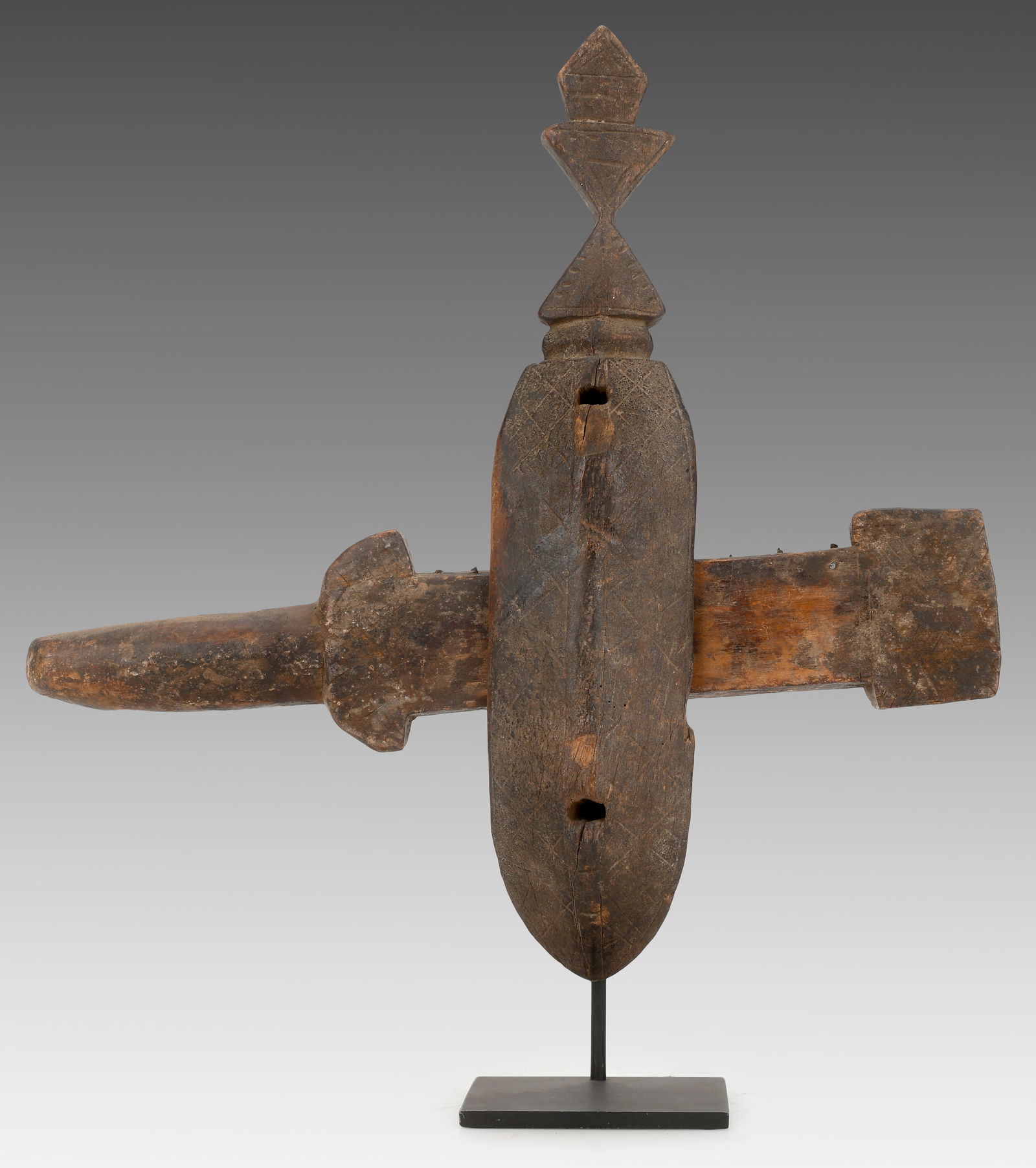 African Door Lock: African Door Lock. Wood. On stand. Size: 14.5'' x 15'' x 2.5'' (37 x 38 x 6 cm), Height on stand: 16.5'' (42 cm). Provenance: Estate of Jerome Vogel, NYC, acquired in Mali by Vogel in the 1980s/90s.