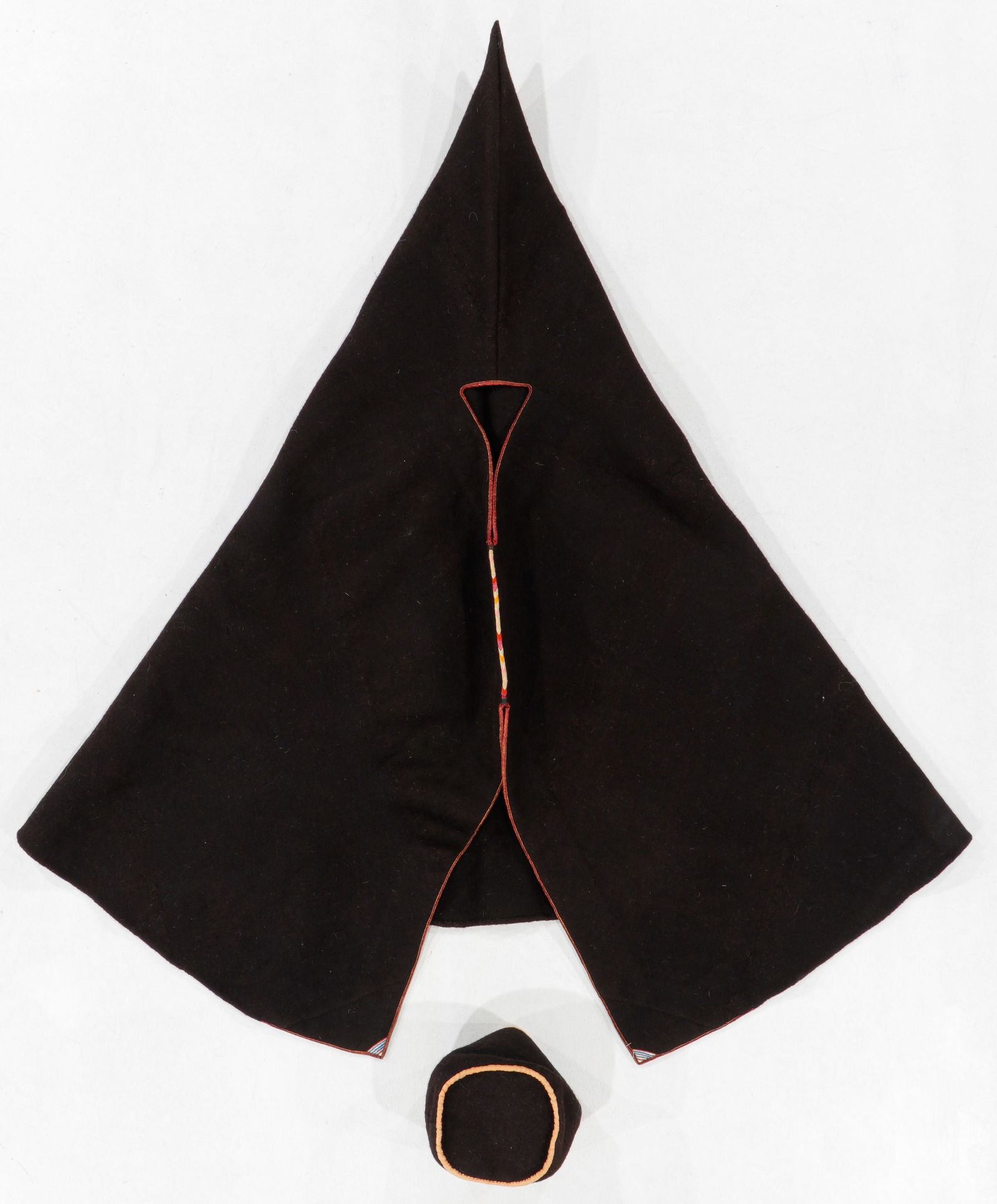 Vintage Berber Hooded "Akhnif Cape", Morocco: Vintage Berber Hooded "Akhnif Cape", Morocco. Felted wool with leather trim. Size: 4'9'' x 4'5'' (145 x 135 cm). Provenance: Ex. collection of Michelle Gilbert.