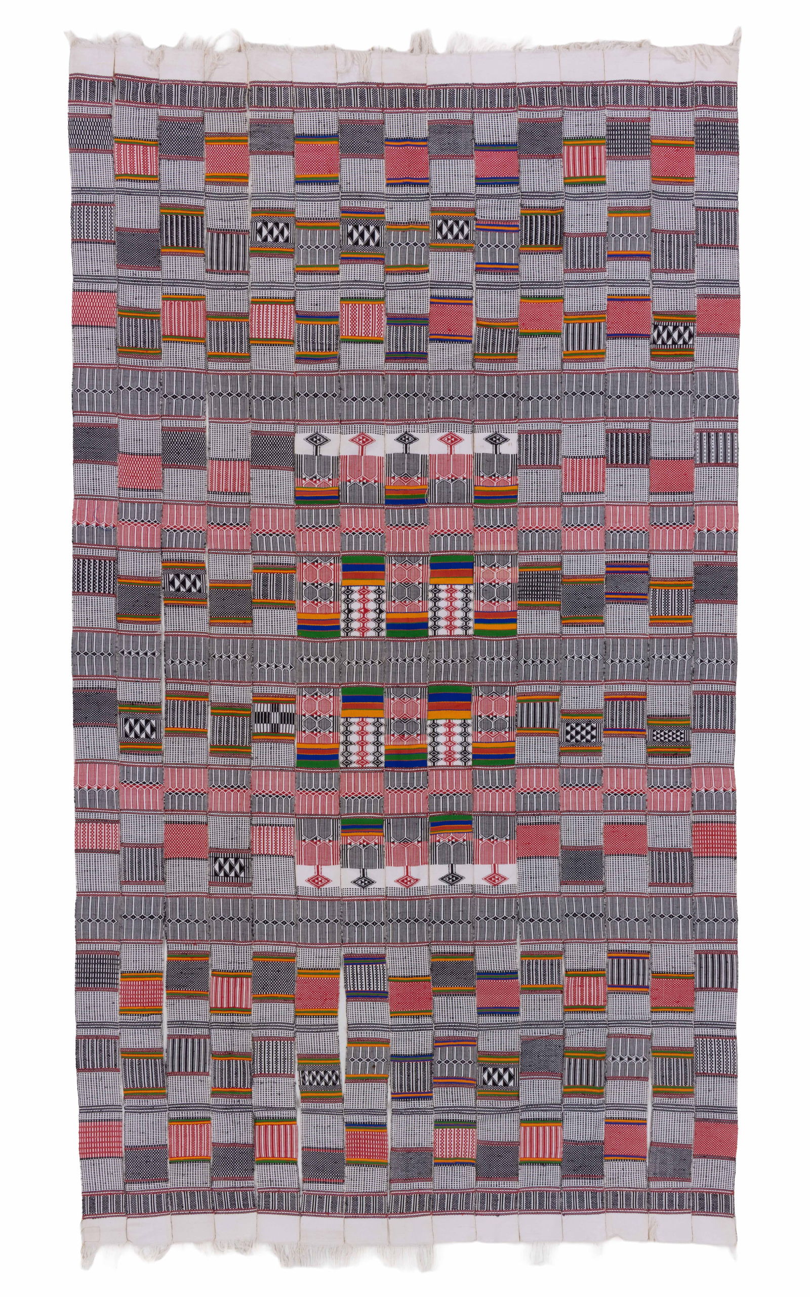 Djerma (Zarma) Tera-tera Cotton Blanket, Niger: Djerma (Zarma) Tera-tera Cotton Blanket, Niger. Cotton. Strip woven panels sewn together provisionally. Extensive supplementary weft float patterning. Size: 5'0'' x 9'0'' (152 x 274 cm). Provenance: E