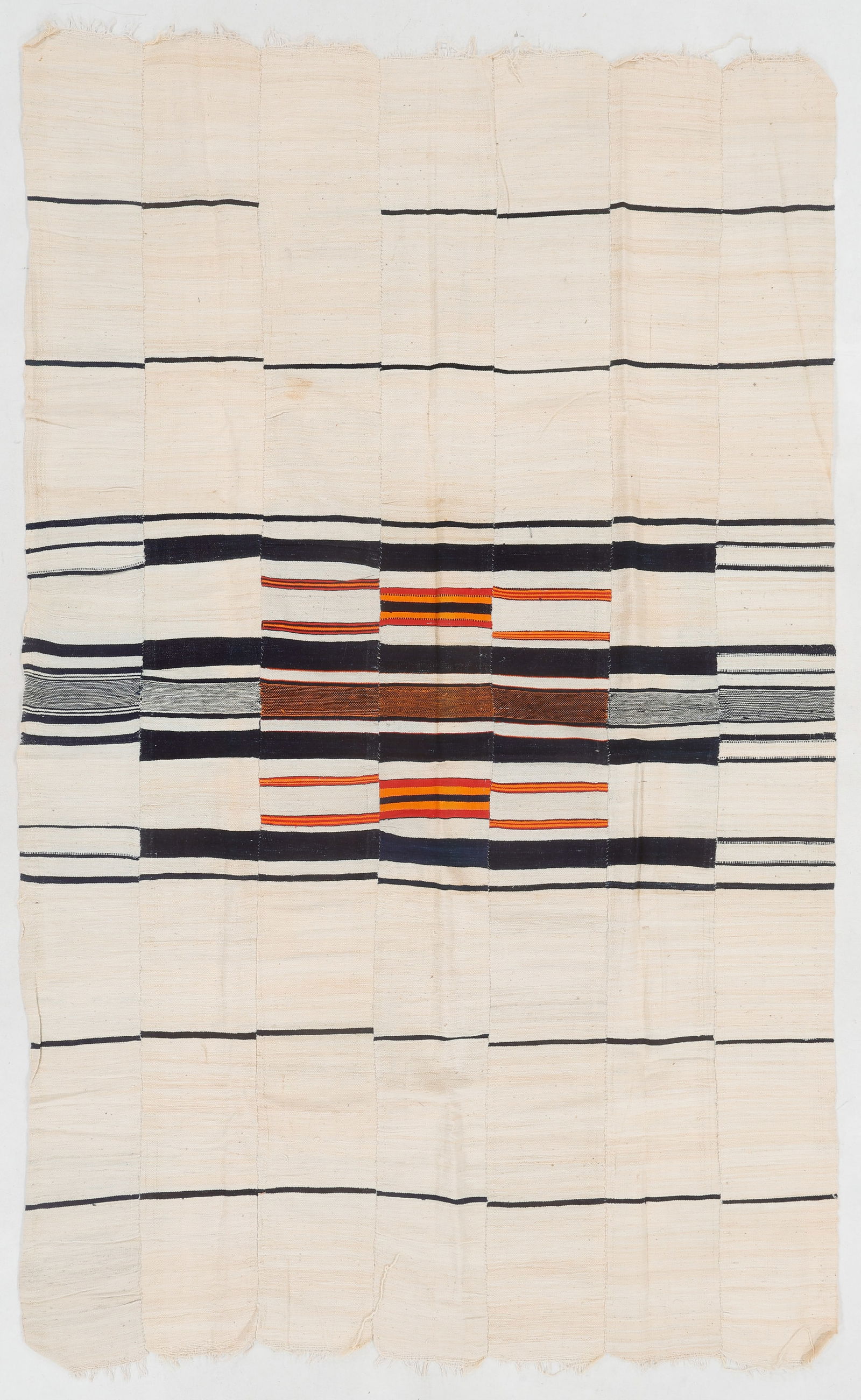 Hausa Luru Strip-Woven Blanket, Nigeria, 1980s: Hausa Luru Strip-Woven Blanket, Nigeria, 1980s. Seven strip-woven cotton panels sewn together. Size: 4'8'' x 7'7'' (142 x 231 cm). Provenance: Ex. collection of Michelle Gilbert.