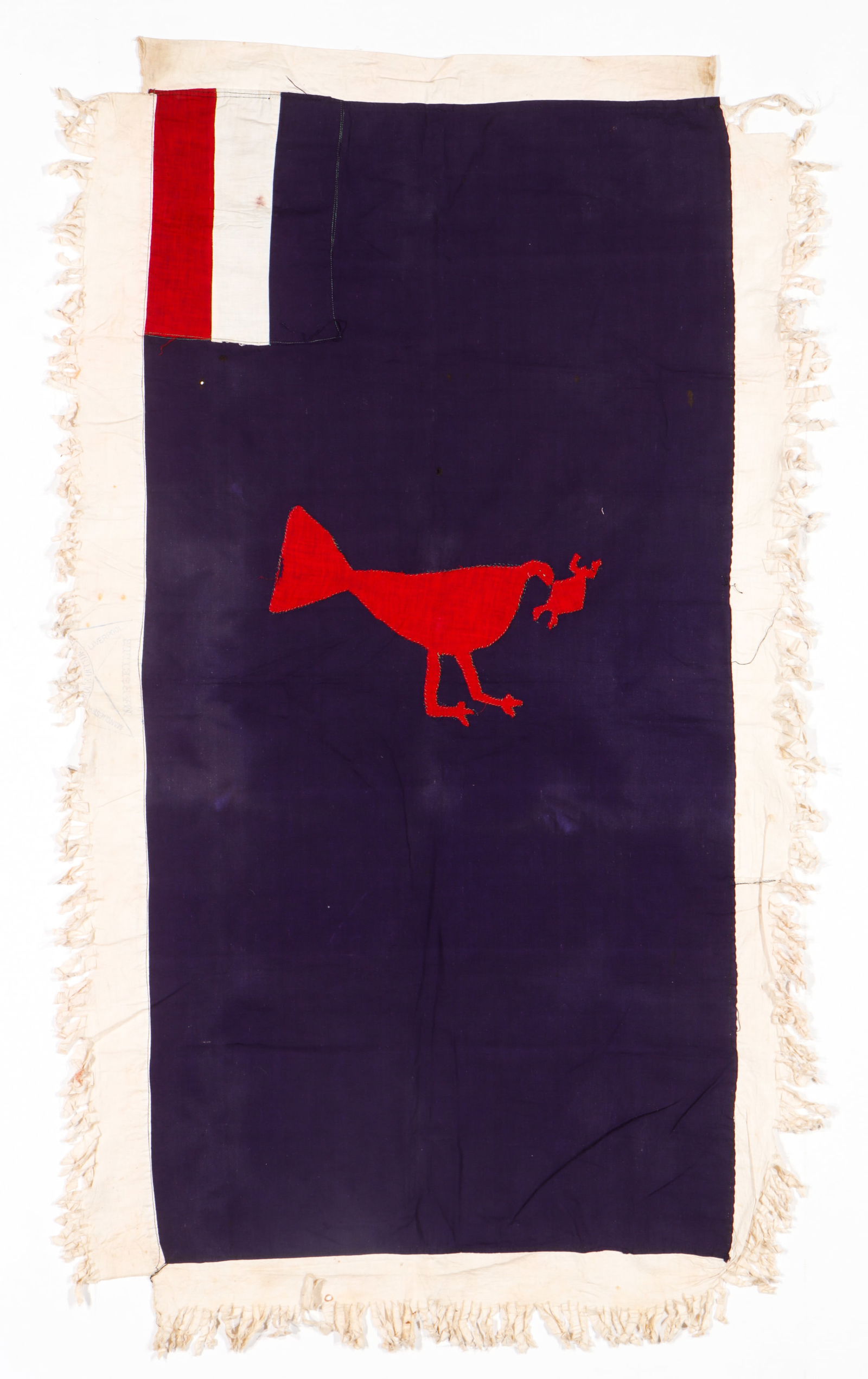African Fante Asafo Flag, Ghana: Fante Asafo Flag, aka frankaa, coastal Ghana. Size: 53'' x 30'' (135 x 76 cm). Vintage trade cloth. Collected in Ghana in the 1980’s by historian and anthropologist Michelle V. Gilbert. This piece-w