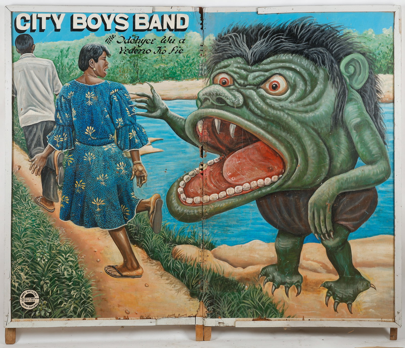 Monumental Bi-Fold African Painted Movie Poster, 81" x 96": Monumental Bi-Fold African Painted Movie Poster, Mark Anthony (Ghanaian, B. Circa 1950), African folk art painted movie poster, house paint on hinged wooden panel. Unframed. Painted for the City Boys 