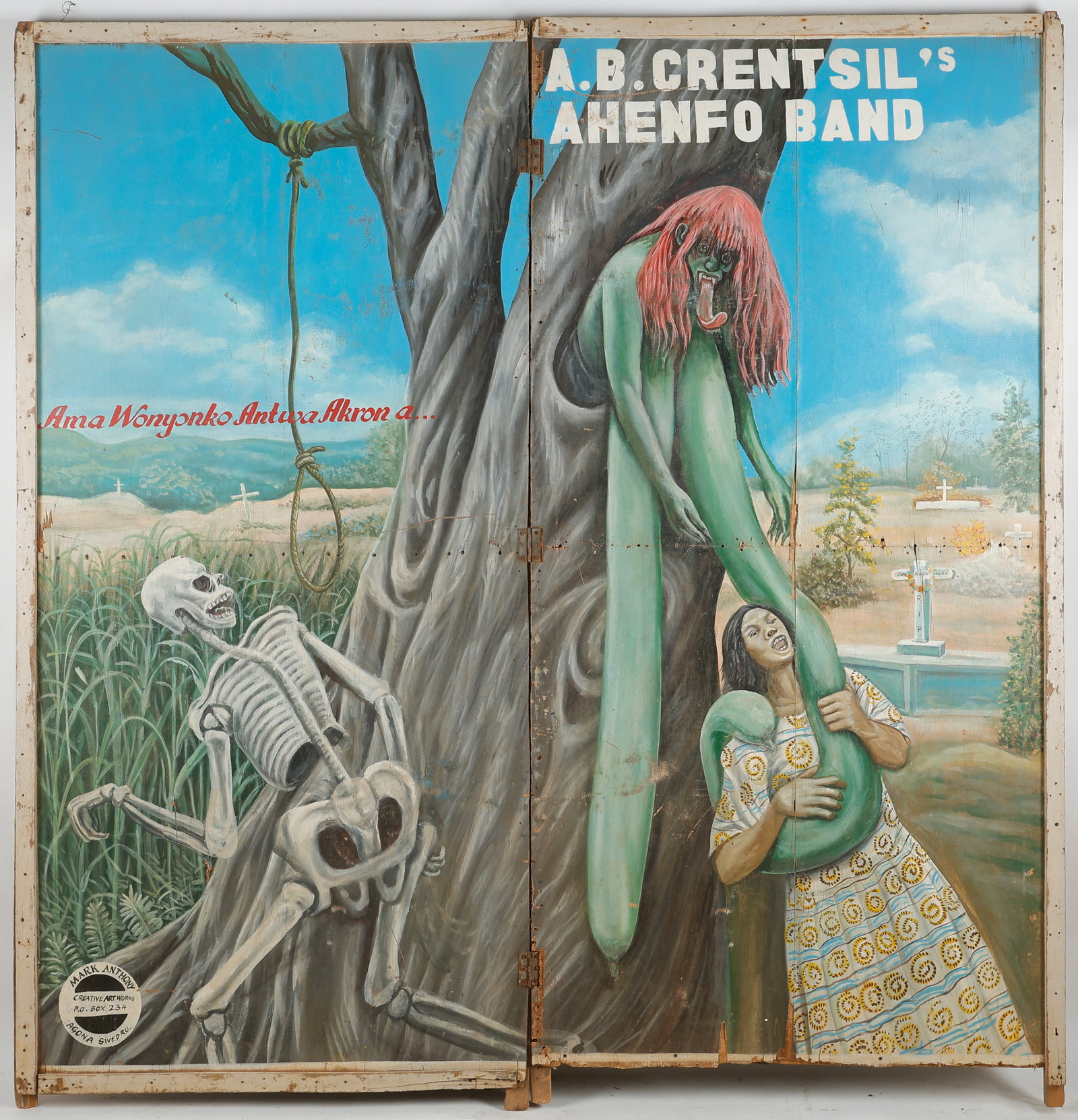 Monumental Bi-Fold African Painted Movie Poster, 98" x 95": Monumental Bi-Fold African Painted Movie Poster, Mark Anthony (Ghanaian, B. Circa 1950), "If you do not allow your brother to climb...," 1996-1998, African folk art painted movie poster, house paint o