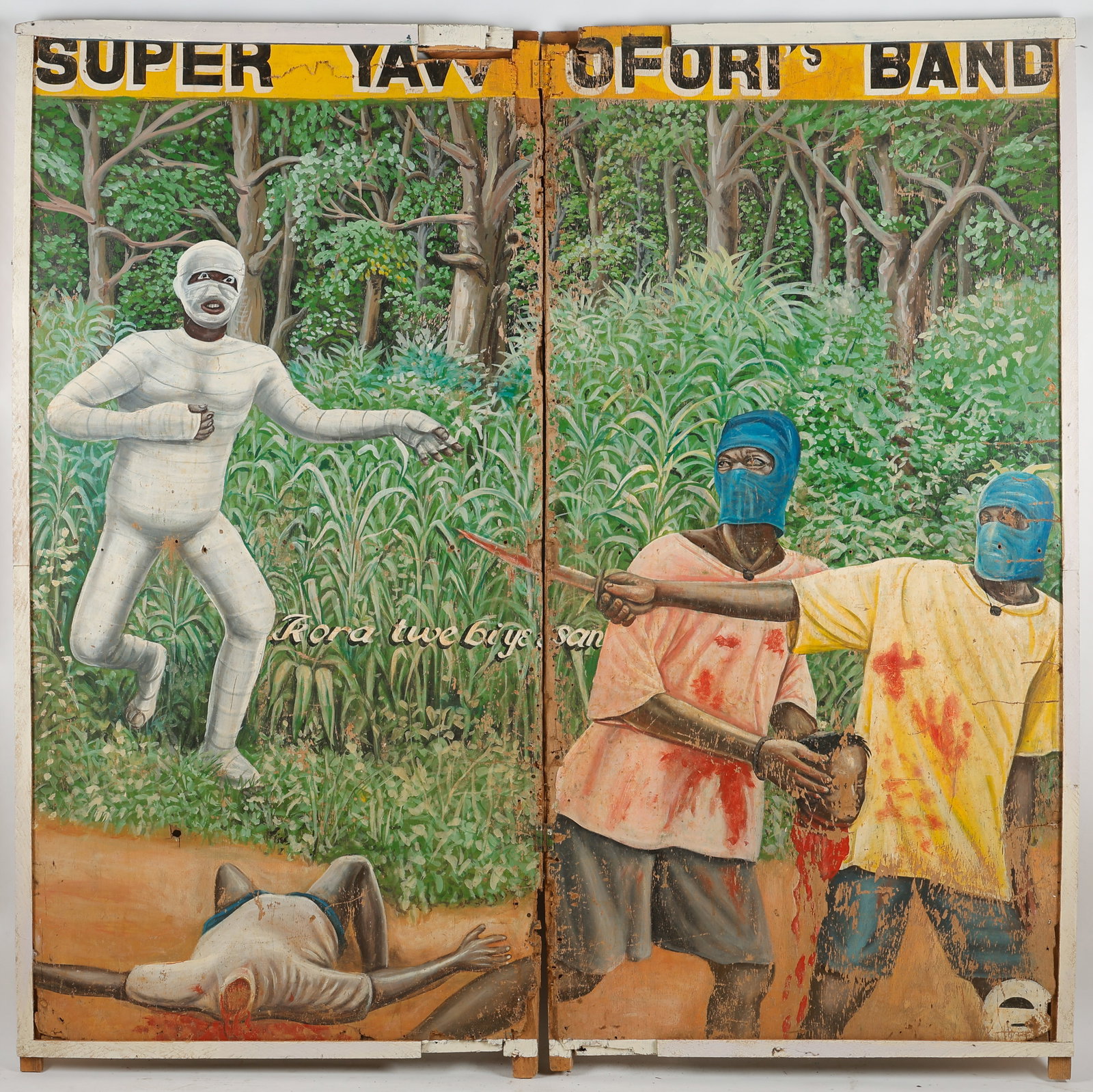 Monumental Bi-Fold African Painted Movie Poster, 96'' x 96'': Monumental Bi-Fold African Painted Movie Poster, Mark Anthony (Ghanaian, B. Circa 1950), African folk art painted movie poster, house paint on hinged wooden panel. Unframed. Painted for Super Yaw Ofor