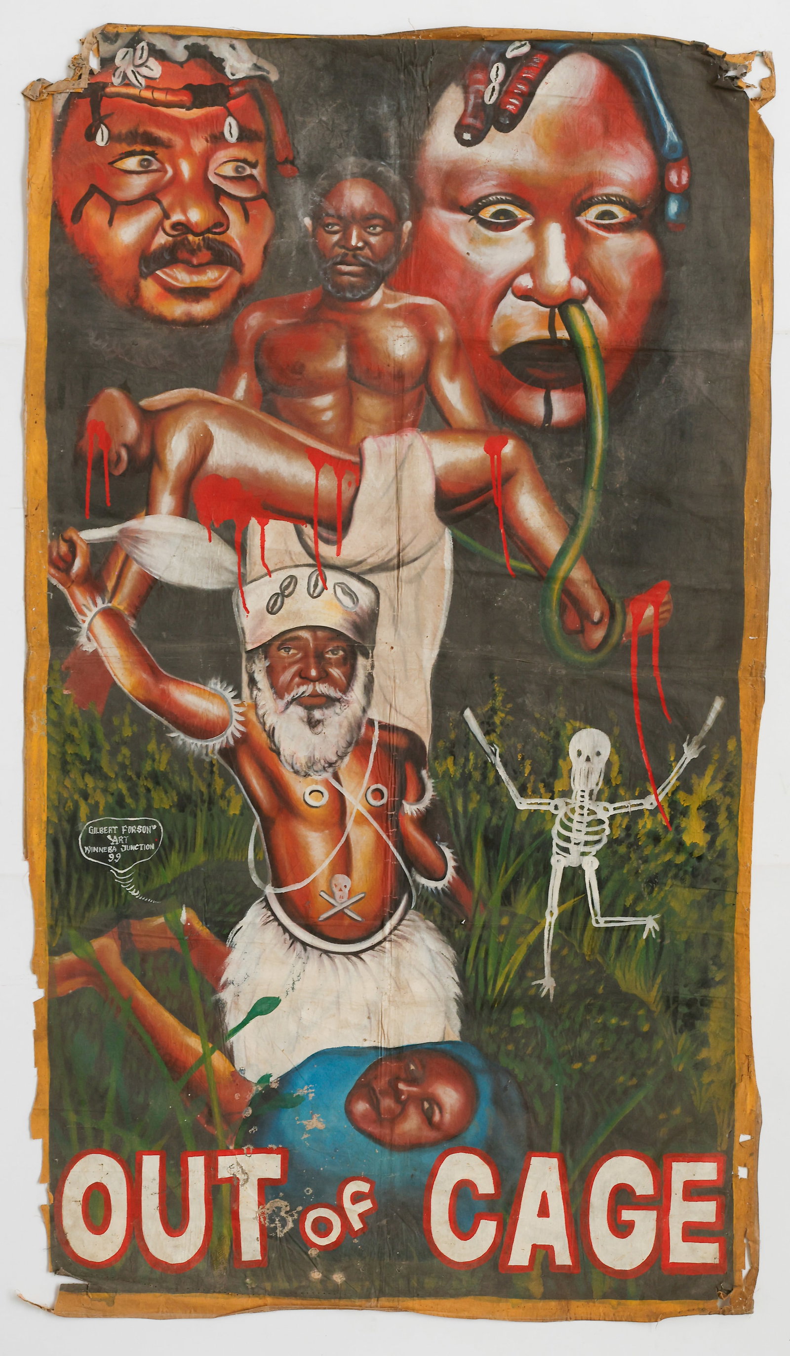 Gilbert Forson (Ghanaian, b. 1975) "Out of Cage" African Movie Poster, 1999: Gilbert Forson (Ghanaian, b. 1975) "Out of Cage" African Movie Poster, 1999. Oil paint on repurposed flour sack, unstretched and unframed. Size: 72'' x 40'' (183 x 102 cm). Collected in Ghana in the 1