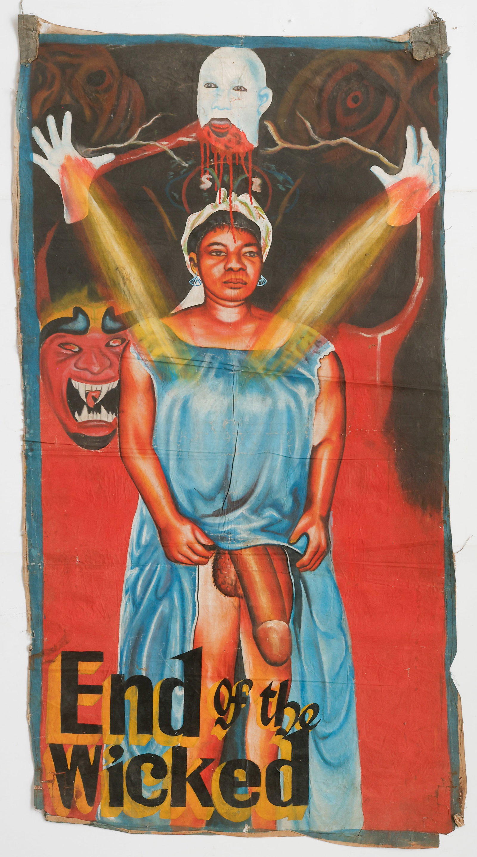 African Movie Poster "End of the Wicked": African Movie Poster "End of the Wicked." Oil paint on repurposed flour sack, unstretched and unframed. Size: 68.5'' x 36'' (174 x 91 cm). Collected in Ghana in the 1980s by the late anthropologist an