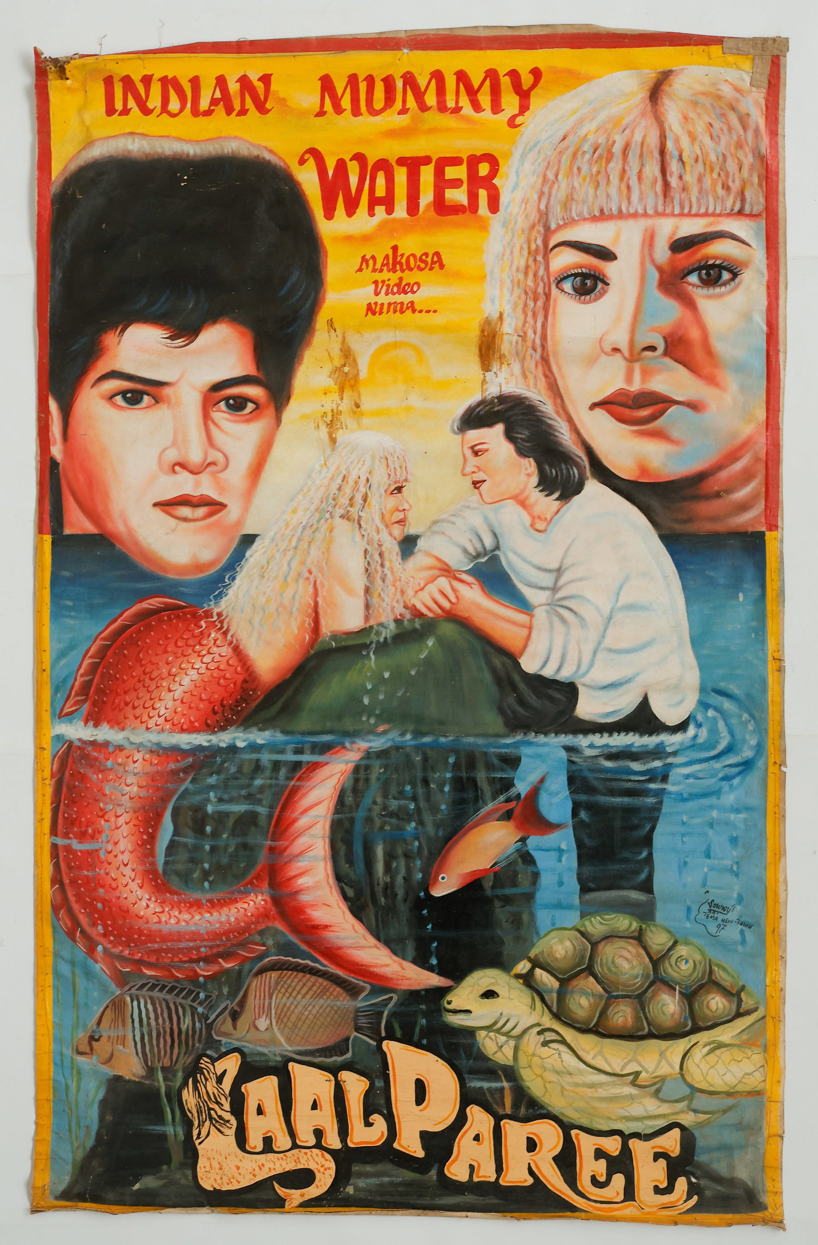 Sowwy (Ghanaian, 20th c.) "Laal Paree" 1991, African Movie Poster: Sowwy (Ghanaian, 20th c.) "Laal Paree" 1991, African Movie Poster of Bollywood film. Oil paint on repurposed flour sack, unstretched and unframed. Size: 74'' x 47'' (188 x 119 cm). Collected in Ghana 