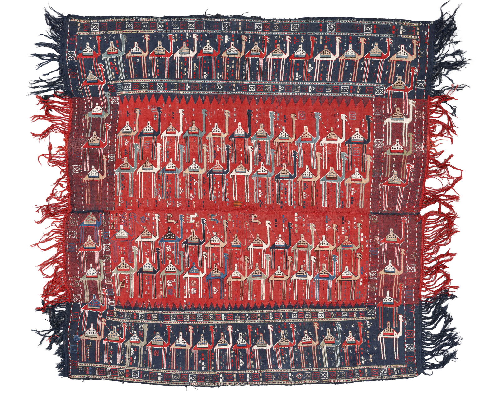 Fine Shaddah Verneh/Sumak, Caucasus, Ca. 1875, 6'10'' x 6'9'': Fine Shaddah Verneh/Sumak, Caucasus, Ca. 1875, 6'10'' x 6'9'' (208 x 206 cm). Multiple processions of camels. Weight: 9 lbs. Material: wool surface, wool warp. Provenance: Private family estate collec