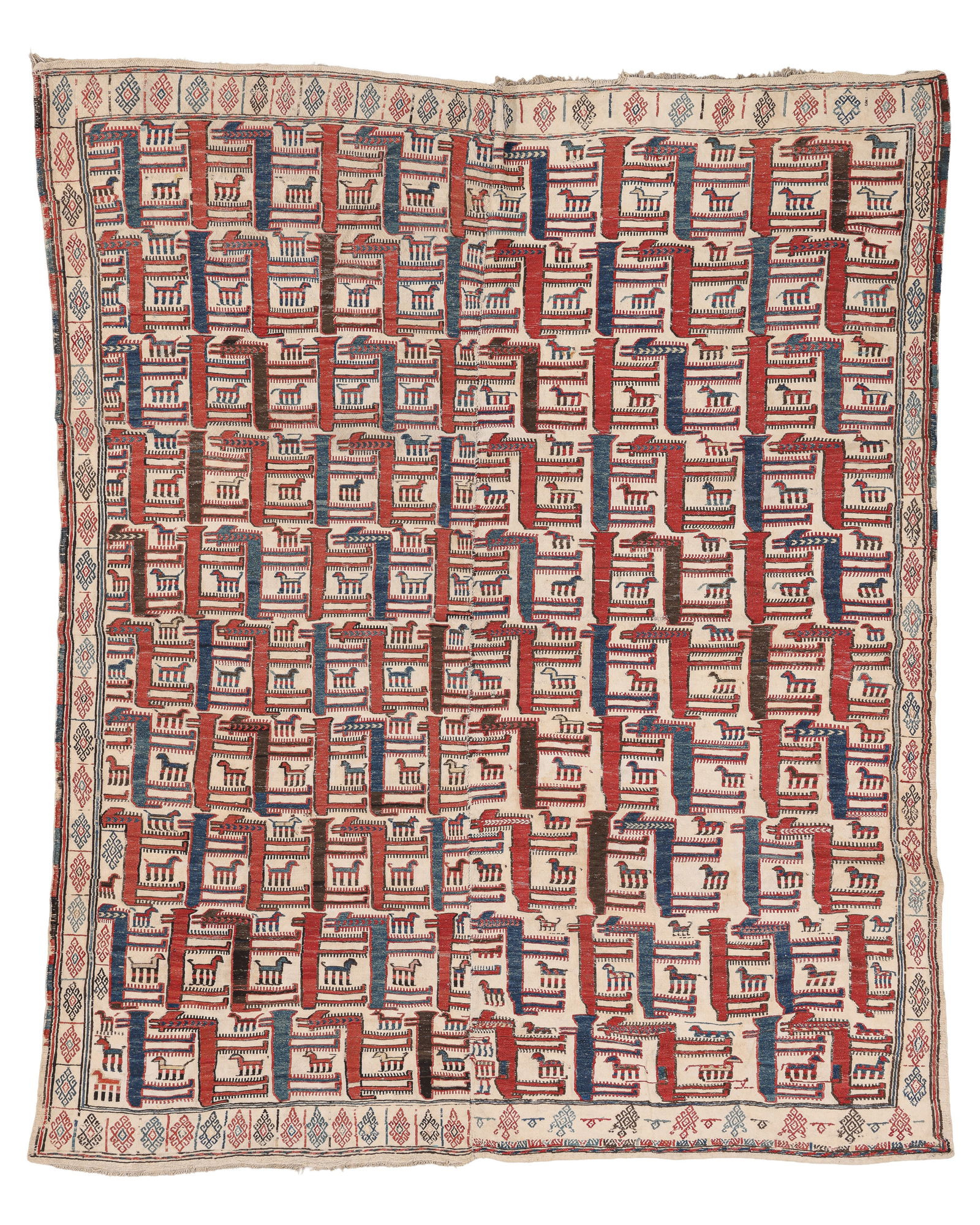 Verneh Sumak Cover, Caucasus, Ca. 1875, 6'0'' x 7'5'': Verneh Sumak Cover, Caucasus, Ca. 1875, 6'0'' x 7'5'' (183 x 226 cm). Weight: 11 lbs. Material: wool and cotton. Provenance: Private family estate collection, New York.