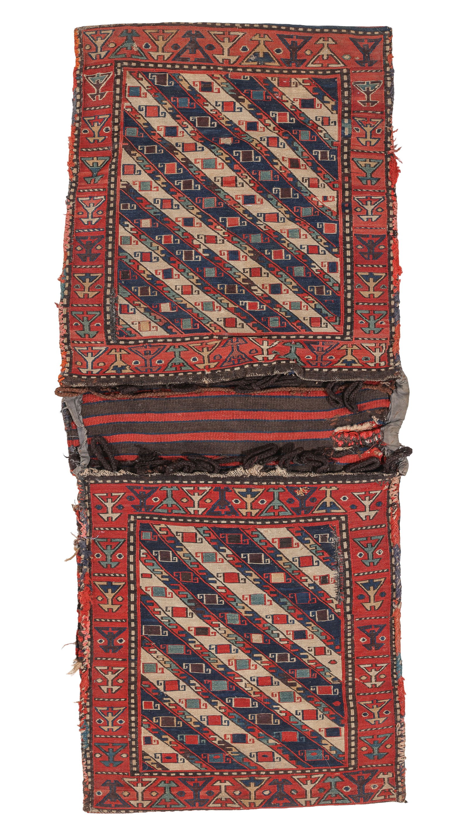 Double Shahsevan Khorjin Sumak Saddlebag, Caucasus, 19th C., 1'8'' x 3'11'': Double Shahsevan Khorjin Sumak Saddlebag, Caucasus, 19th C., 1'8'' x 3'11'' (51 x 119 cm). Weight: 12 lbs. Material: wool surface, wool warp. Provenance: Private family estate collection, New York.