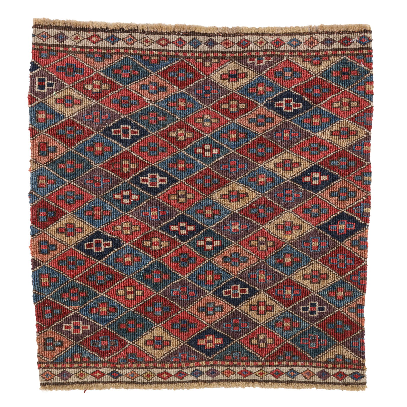 Shahsevan Reverse Sumak Mafrash Panel, Transcaucasus, 19th C., 1'5'' x 1'6'': Shahsevan Reverse Sumak Mafrash Panel, Transcaucasus, 19th C., 1'5'' x 1'6'' (43 x 46 cm). Weight: 1 lb. Material: wool surface, wool warp.