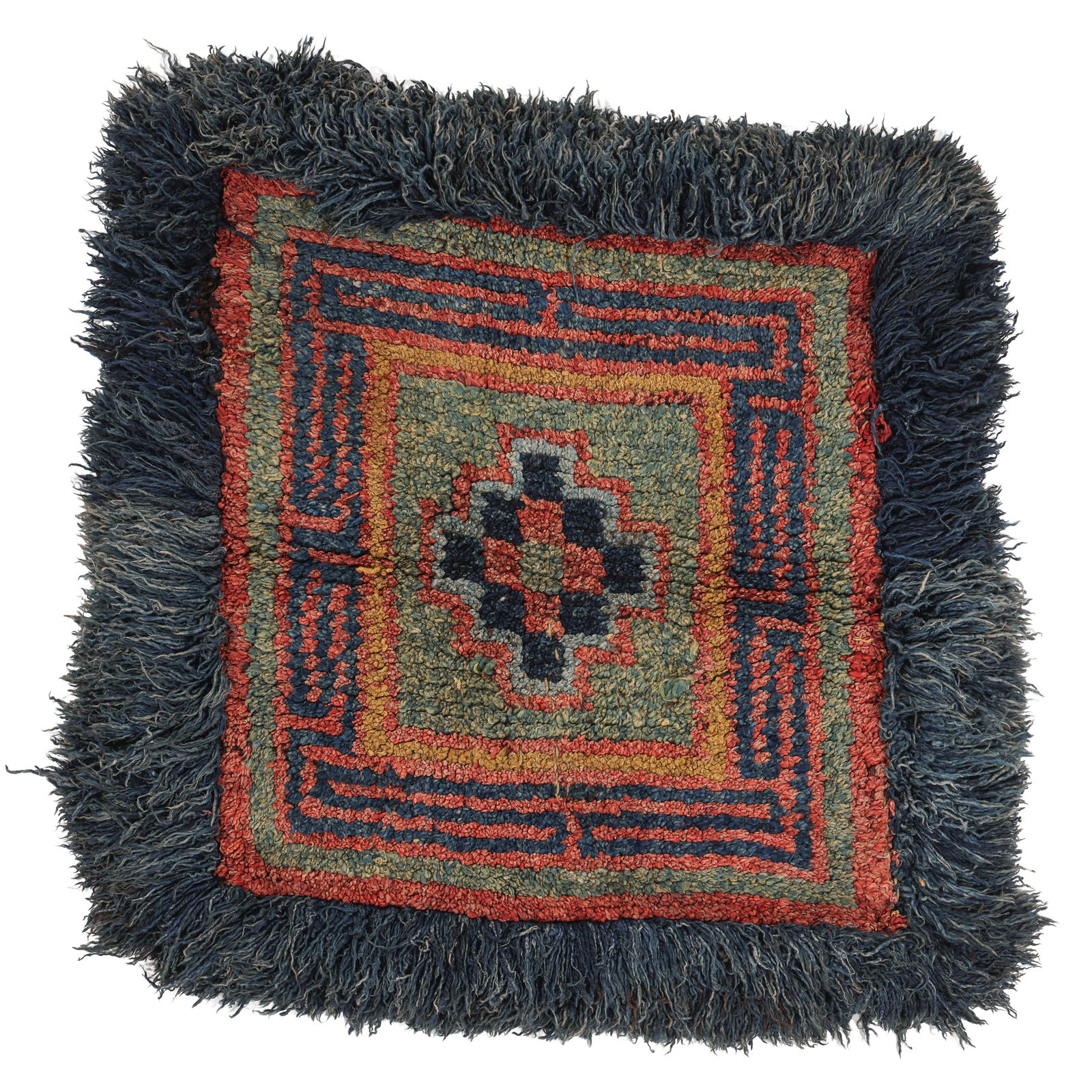 Warp Face Back Stepped Polygon Rug, Tibet, 19th C., 2'10'' x 2'10'': Warp Face Back Stepped Polygon Rug, Tibet, 19th C., 2'10'' x 2'10'' (86 x 86 cm). Weight: 9 lbs. Wool.