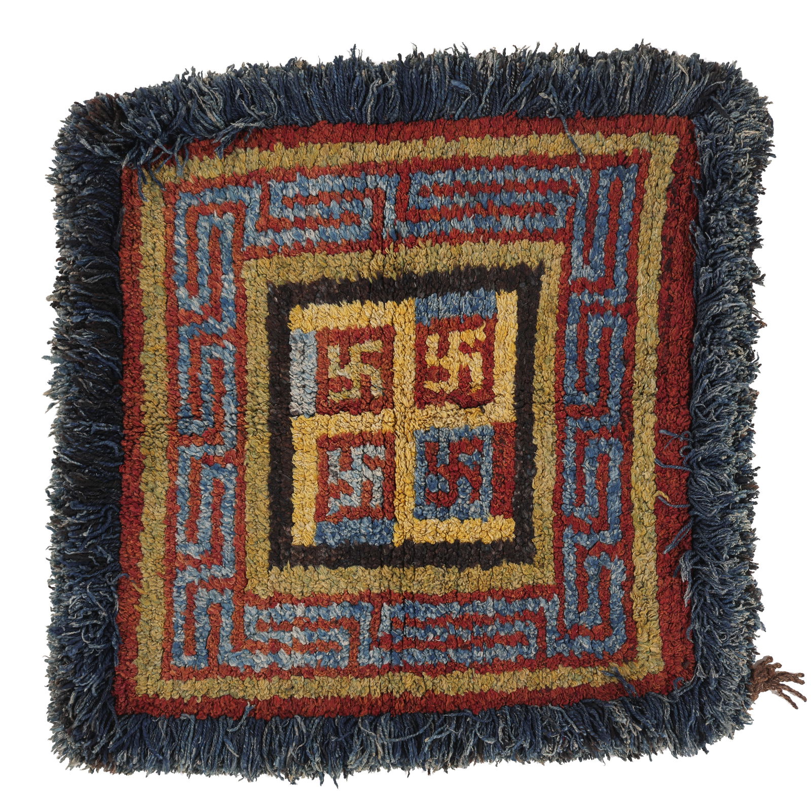 Warp Face Back Swastika Rug, Tibet, 19th C., 2'10'' x 2'11'': Warp Face Back Swastika Rug, Tibet, 19th C., 2'10'' x 2'11'' (86 x 89 cm). Weight: 8 lbs. Wool.