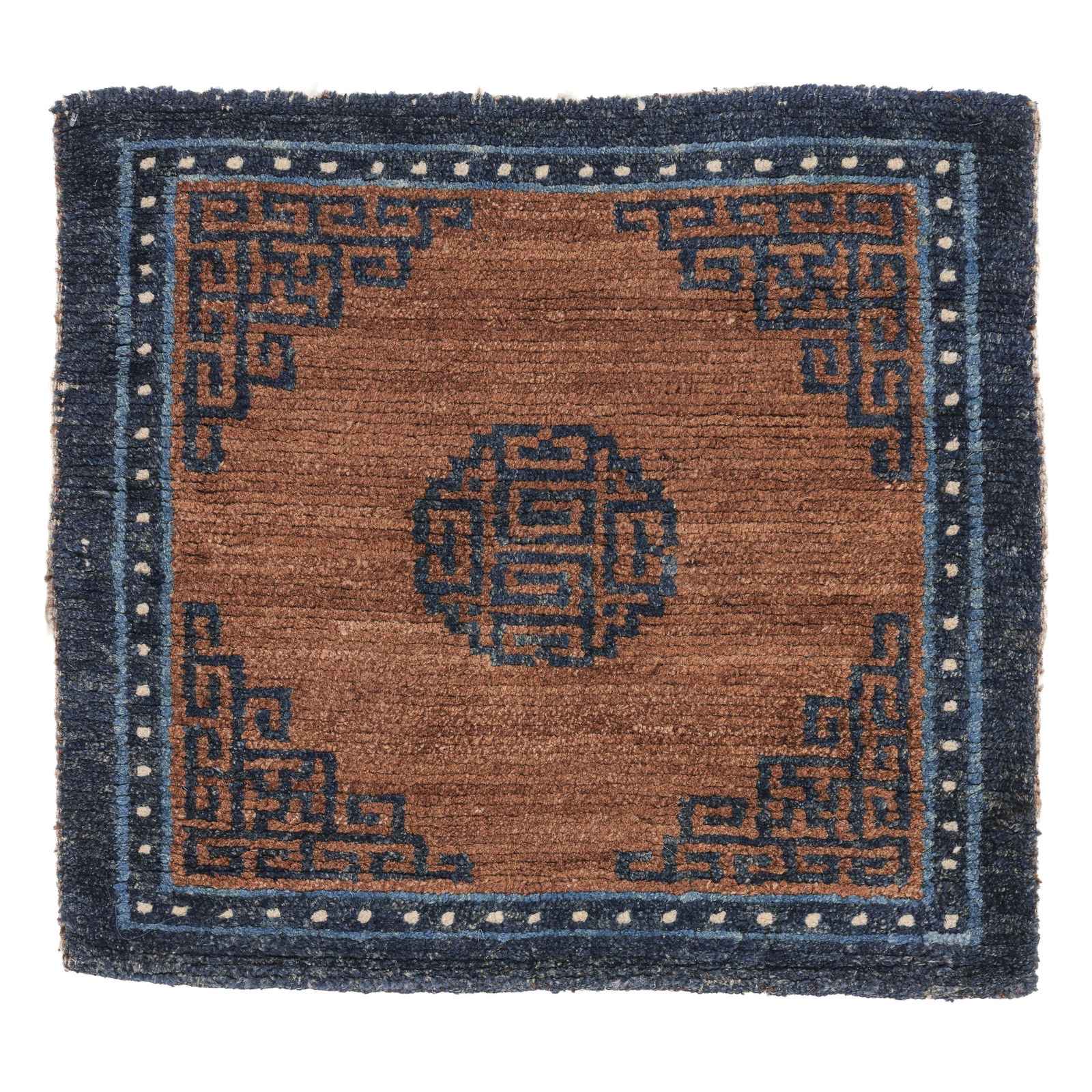 Single Medallion Square Rug, Tibet, 19th C., 2'4'' x 2'1'': Single Medallion Square Rug, Tibet, 19th C., 2'4'' x 2'1'' (71 x 64 cm). Weight: 3 lbs. Wool.