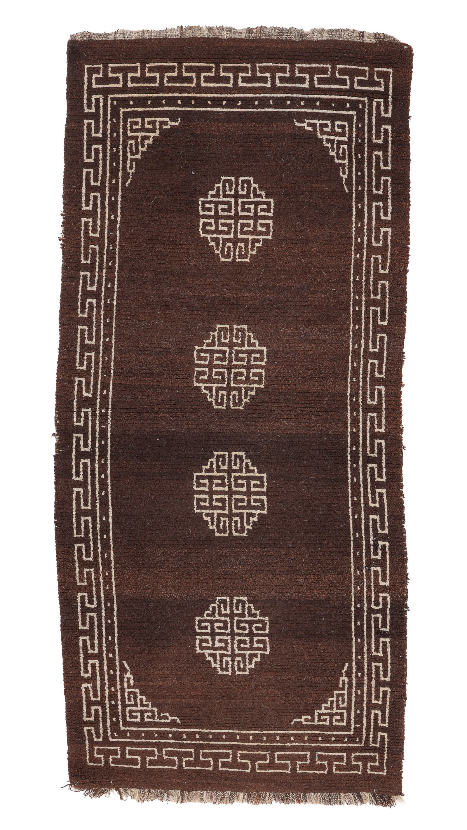 Minimalist 4 Medallion Rug, Tibet, 19th C., 2'9'' x 6'1'': Minimalist 4 Medallion Rug, Tibet, 19th C., 2'9'' x 6'1'' (84 x 185 cm). Weight: 9 lbs.. Wool.