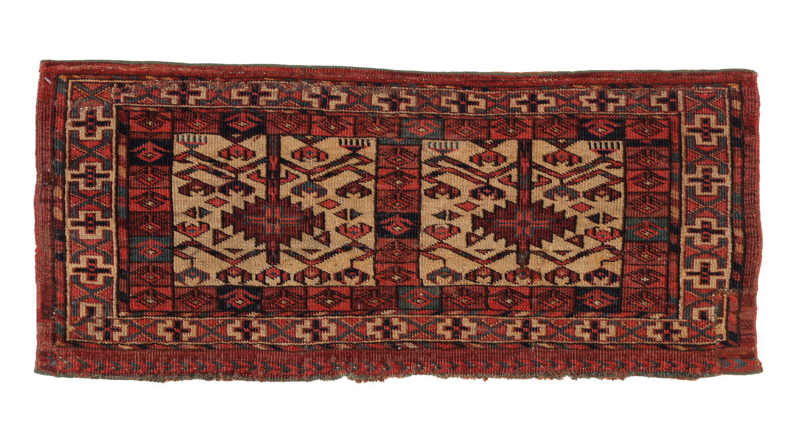 Yomud Turkmen Kap, Central Asia, 19th Century, 2'7'' x 1'1'': Yomud Turkmen Kap, Central Asia, 19th Century, 2'7'' x 1'1'' (79 x 33 cm). Weight: 1 lb. Provenance:Private East Coast collection. A two panel kap or personal bag mirroring the often seen Tekke exampl