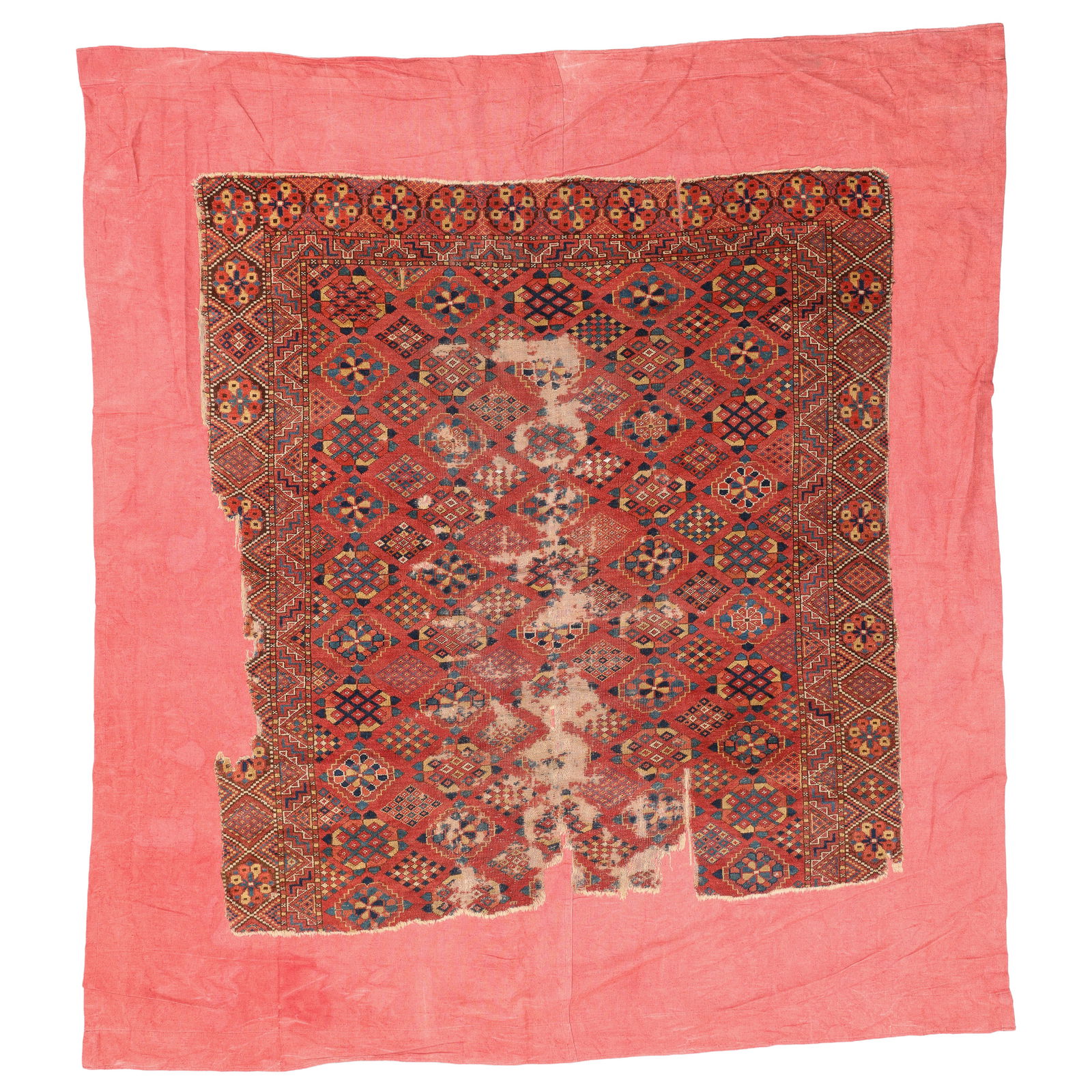 Ersari Min Rug (fragmented), Middle Amu Darya, Early 19th C., 5'9'' x 5'11'': Ersari Min Rug (fragmented), Middle Amu Darya, Early 19th C., 5'9'' x 5'11'' (175 x 180 cm). Weight: 18 lbs. Material: wool pile, wool warp, wool weft.