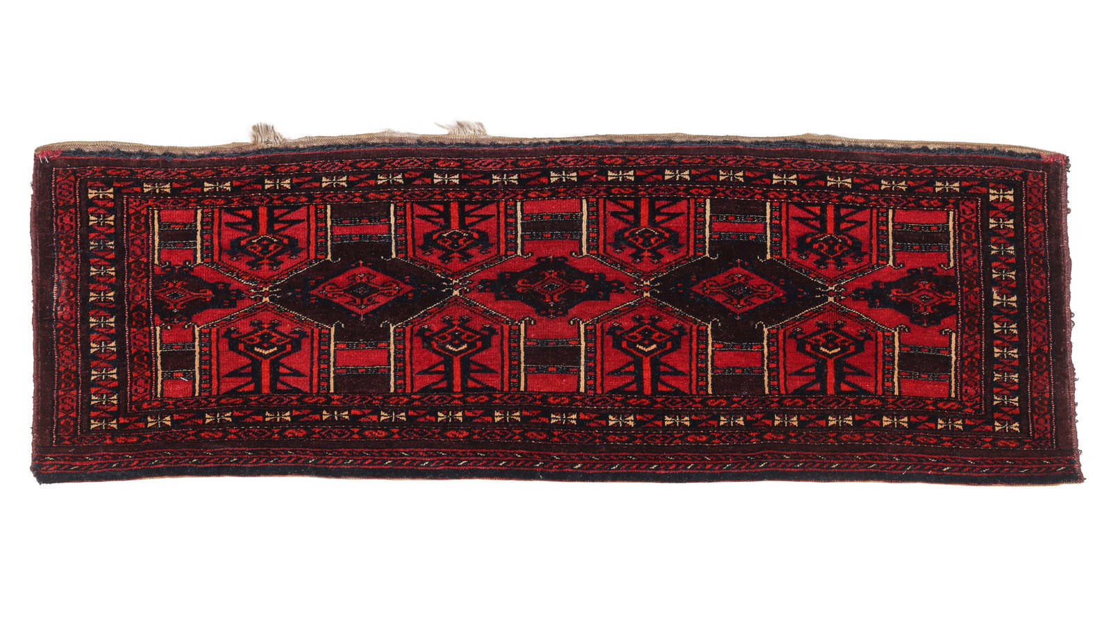 Saryk Kejebe Wedding Trapping, Central Asia, Early 20th C., 1'4'' x 3'11'': Saryk Kejebe Wedding Trapping, Central Asia, Early 20th C., 1'4'' x 3'11'' (41 x 119 cm). Weight: 3 lbs. Material: wool pile, wool warp, wool weft. Cotton highlights.