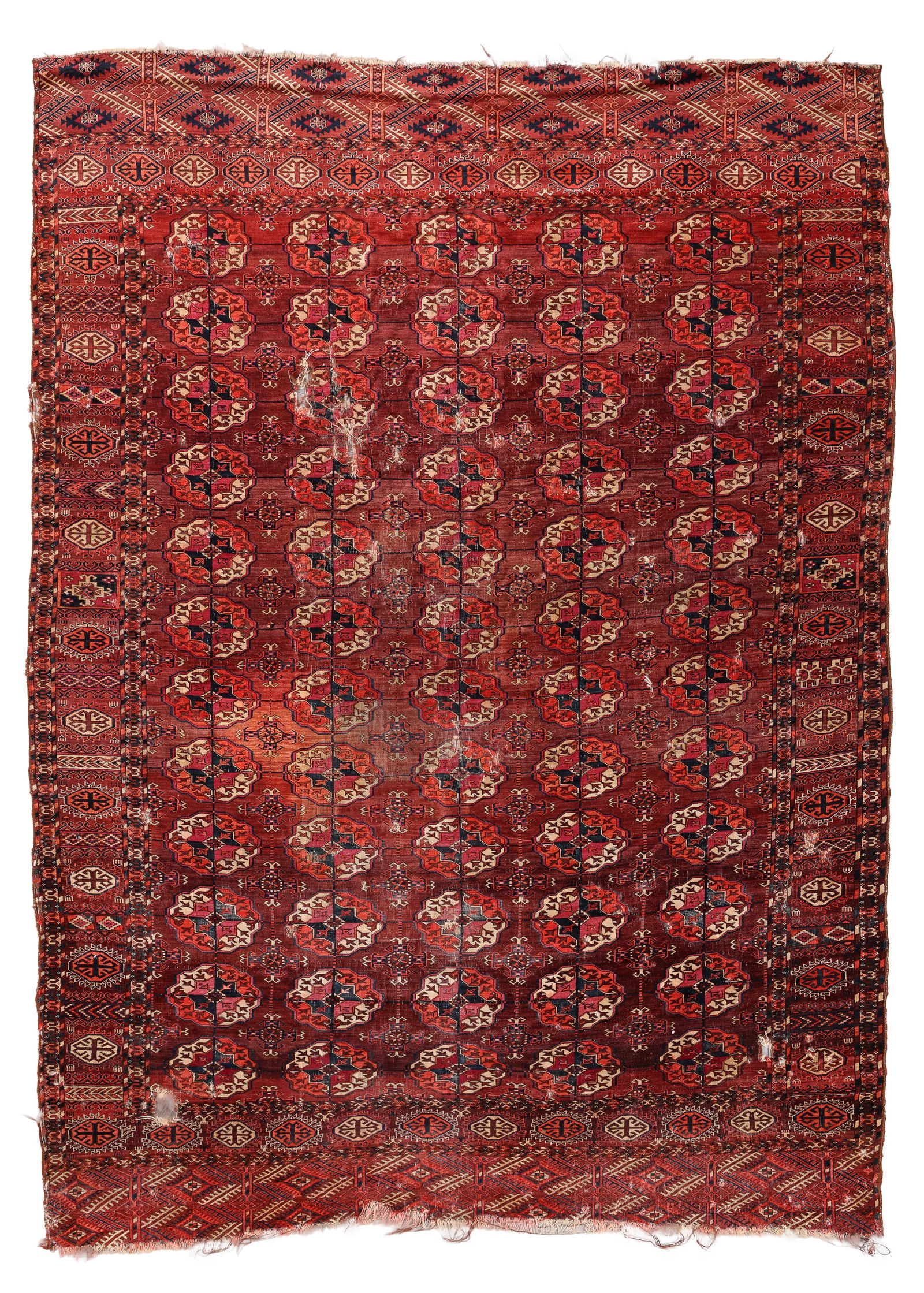 Shabby Chic Tekke Main Rug, Central Asia, Late 19th C., 7'5'' x 10'0'': Shabby Chic Tekke Main Rug, Central Asia, Late 19th C., 7'5'' x 10'0'' (226 x 305 cm). Weight: 24 lbs. Material: wool pile, wool warp, wool weft.