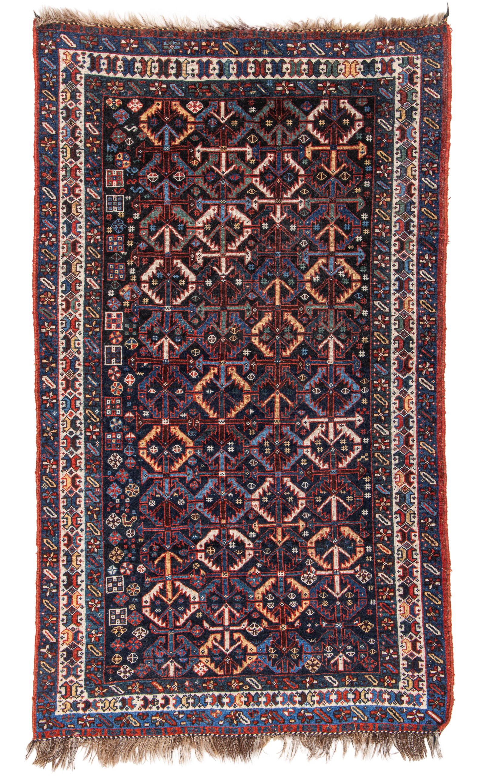 Khamseh Rug, Persia, Late 19th C., 4'0'' x 6'11'': Khamseh Rug, Persia, Late 19th C., 4'0'' x 6'11'' (122 x 211 cm). Weight: 10 lbs. Material: wool pile, wool warp, wool weft.
