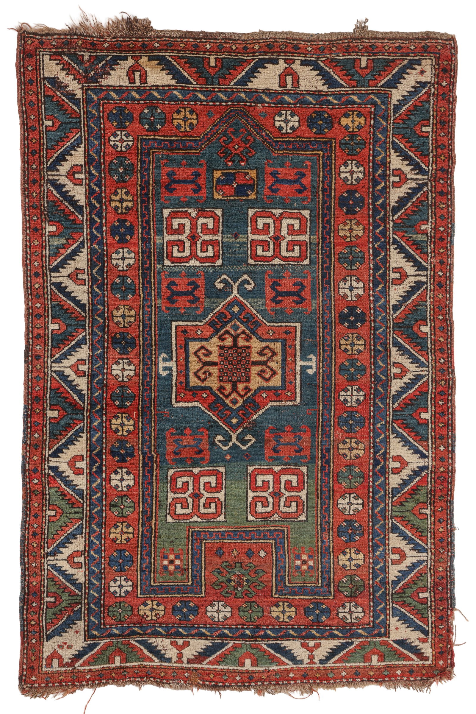 Kazak Prayer Rug, Caucasus, Late 19th C., 3'7'' x 5'3'': Kazak Prayer Rug, Caucasus, Late 19th C., 3'7'' x 5'3'' (109 x 160 cm). Weight: 8 lbs. Material: wool pile, wool warp, wool weft.
