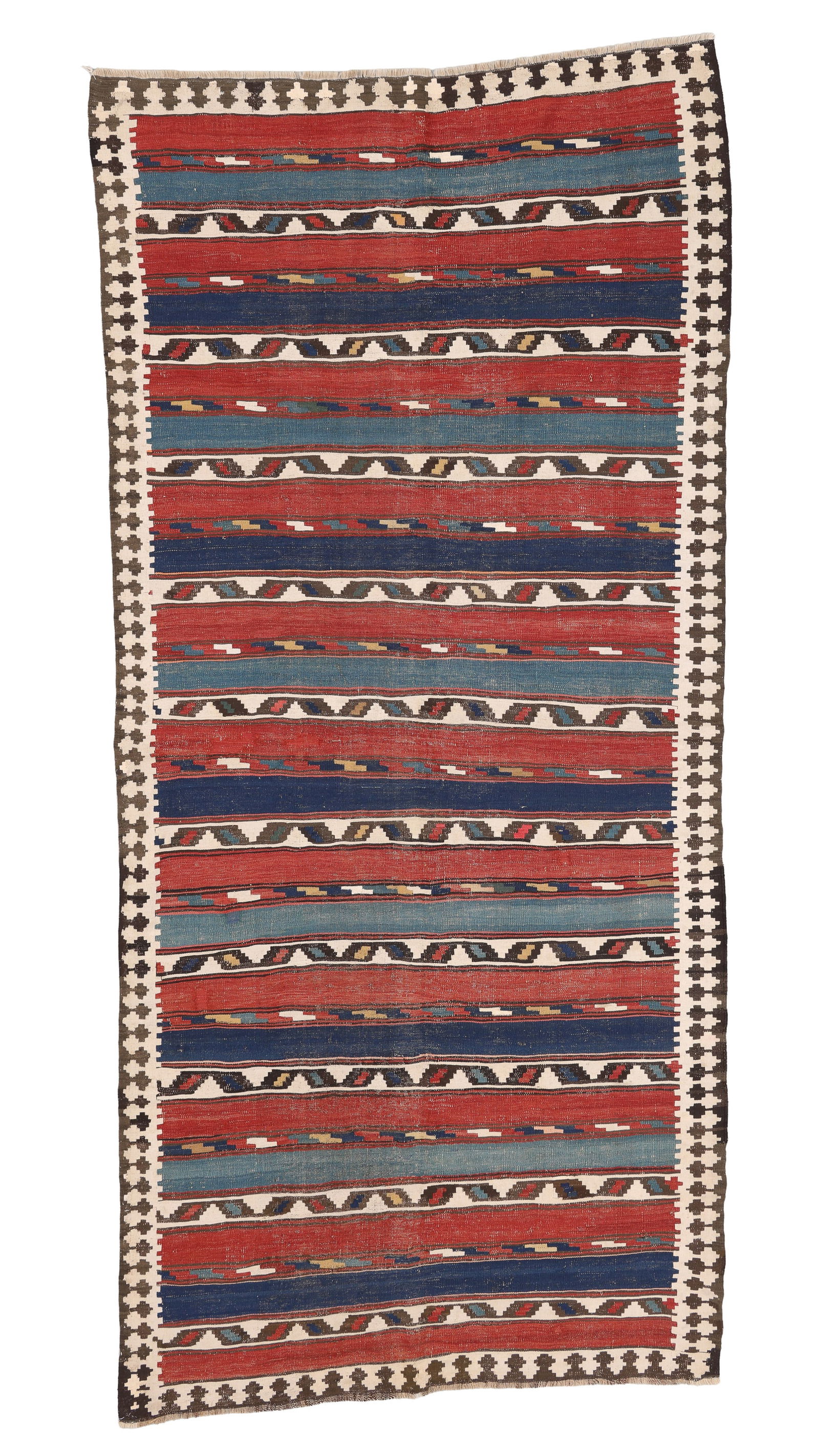 Shahsevan Kilim, Transcaucasus, Late 19th C., 5'1'' x 10'9'': Shahsevan Kilim, Transcaucasus, Late 19th C., 5'1'' x 10'9'' (155 x 328 cm). Weight: 12 lbs. Material: wool surface, wool warp, cotton highlights.