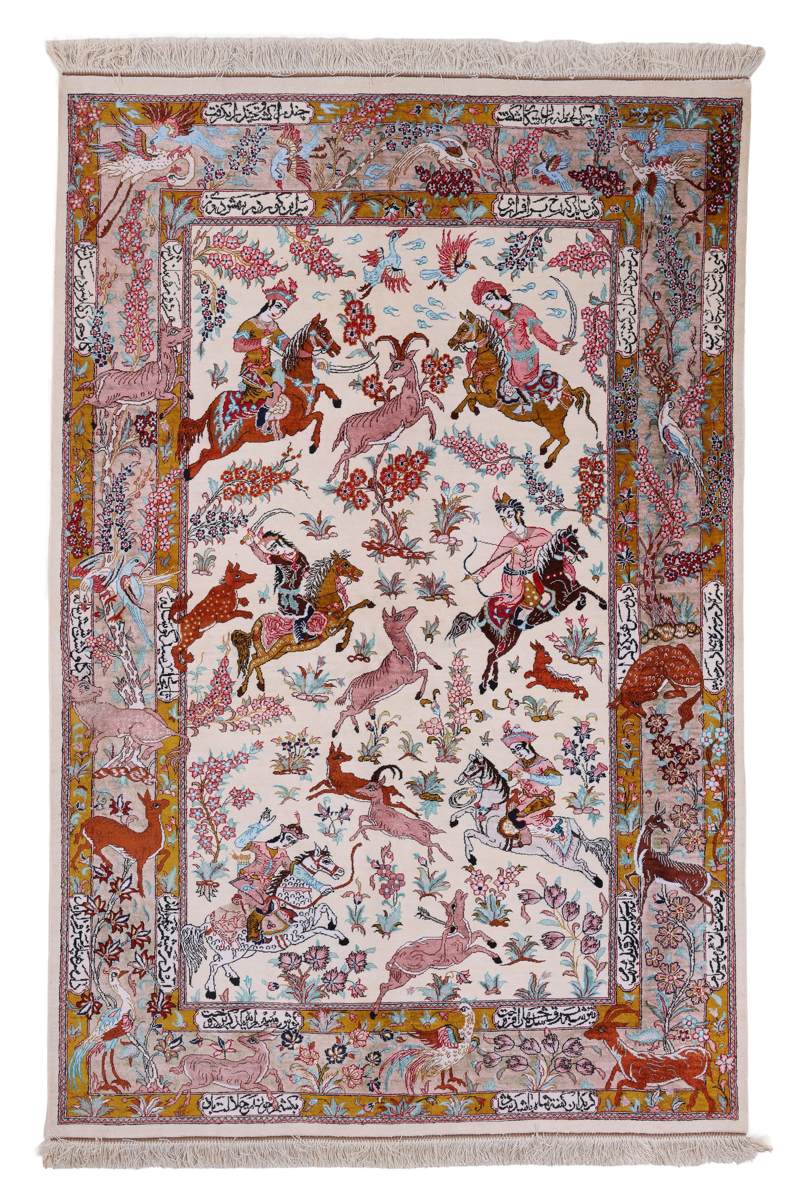 Signed Silk Qum Hunting Rug w. Inscriptions, Persia, Late 20th C., 4'4'' x 6'8'': Qum Rug w. Inscriptions, Persia, Late 20th C., 4'4'' x 6'8'' (132 x 203 cm). Signed "Qum Motavassel". Approx. 324 knots per square inch. Weight: 14 lbs. Material: silk pile, silk warp, silk weft.