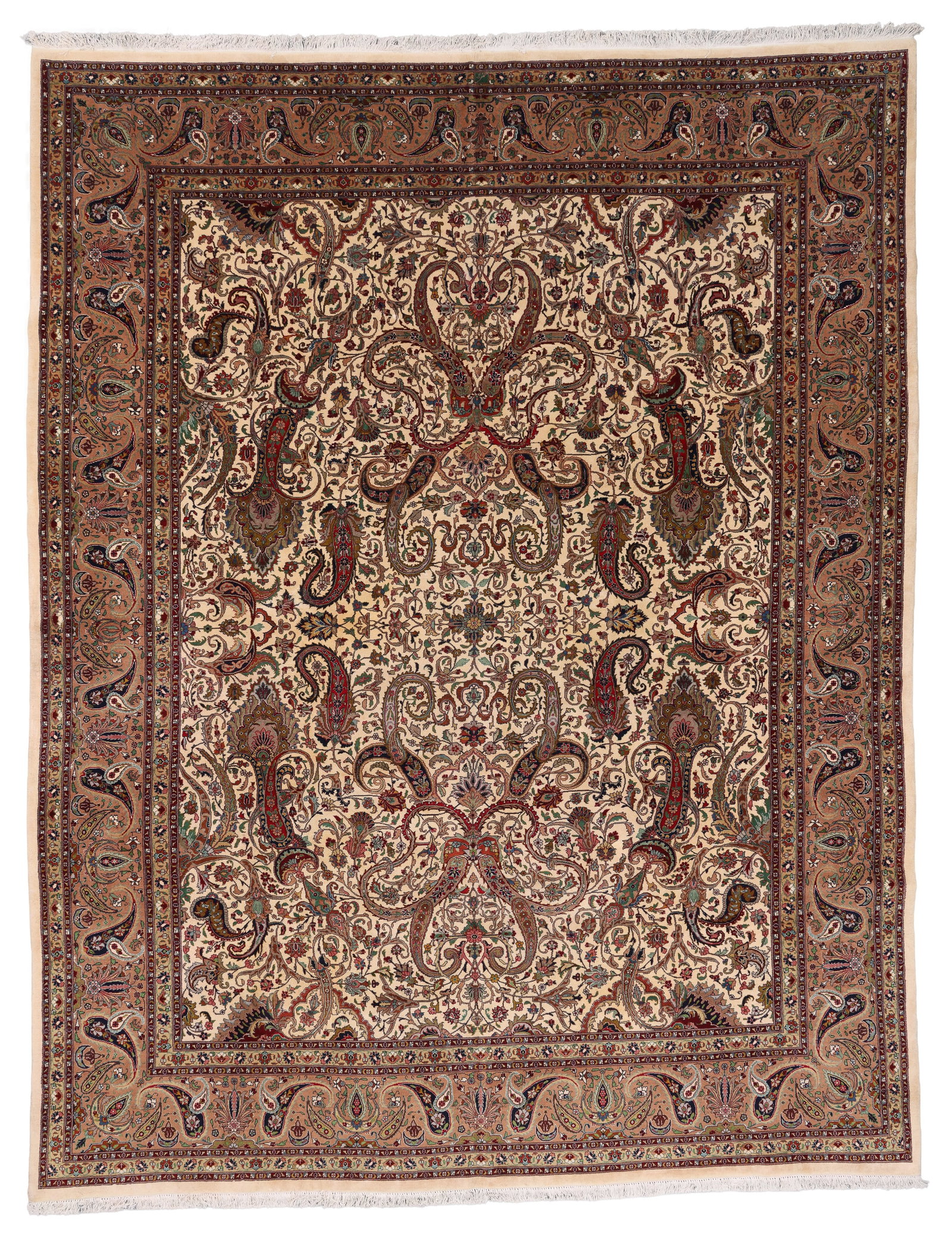 Tabriz Rug, Persia, Late 20th C., 9'6'' x 12'8'': Tabriz Rug, Persia, Late 20th C., 9'6'' x 12'8'' (290 x 386 cm). Signature inscribed in silk: "Hamze". Weight: 70 lbs. Material: wool pile, cotton warp, cotton weft.