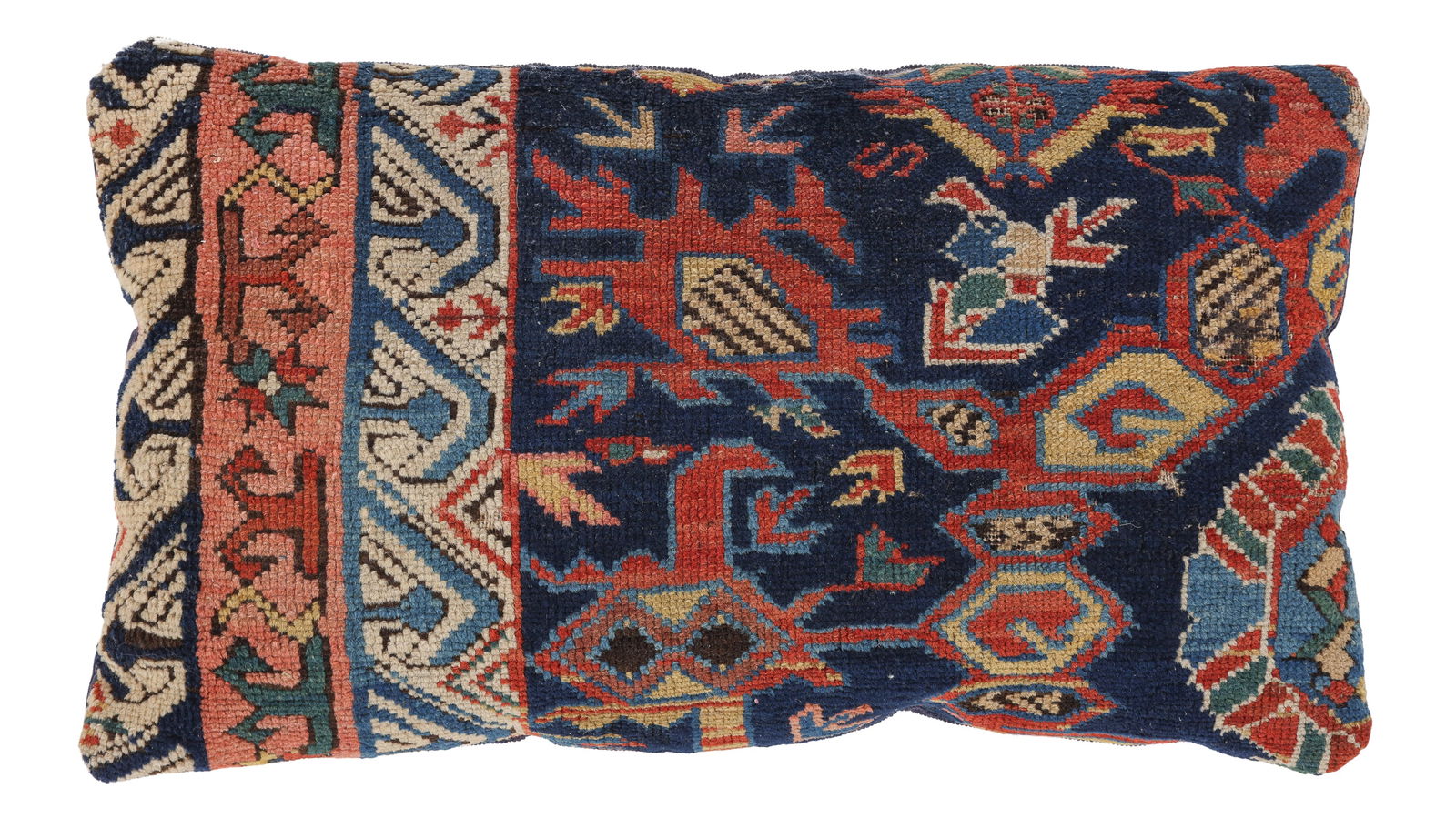 Antique Caucasian Kuba Fragment, Stuffed Pillow Cushion: Antique Caucasian Kuba Fragment, Stuffed Pillow Cushion. Size: 12'' x 21'' x 5'' (30 x 53 x 13 cm). Weight 2 lbs.