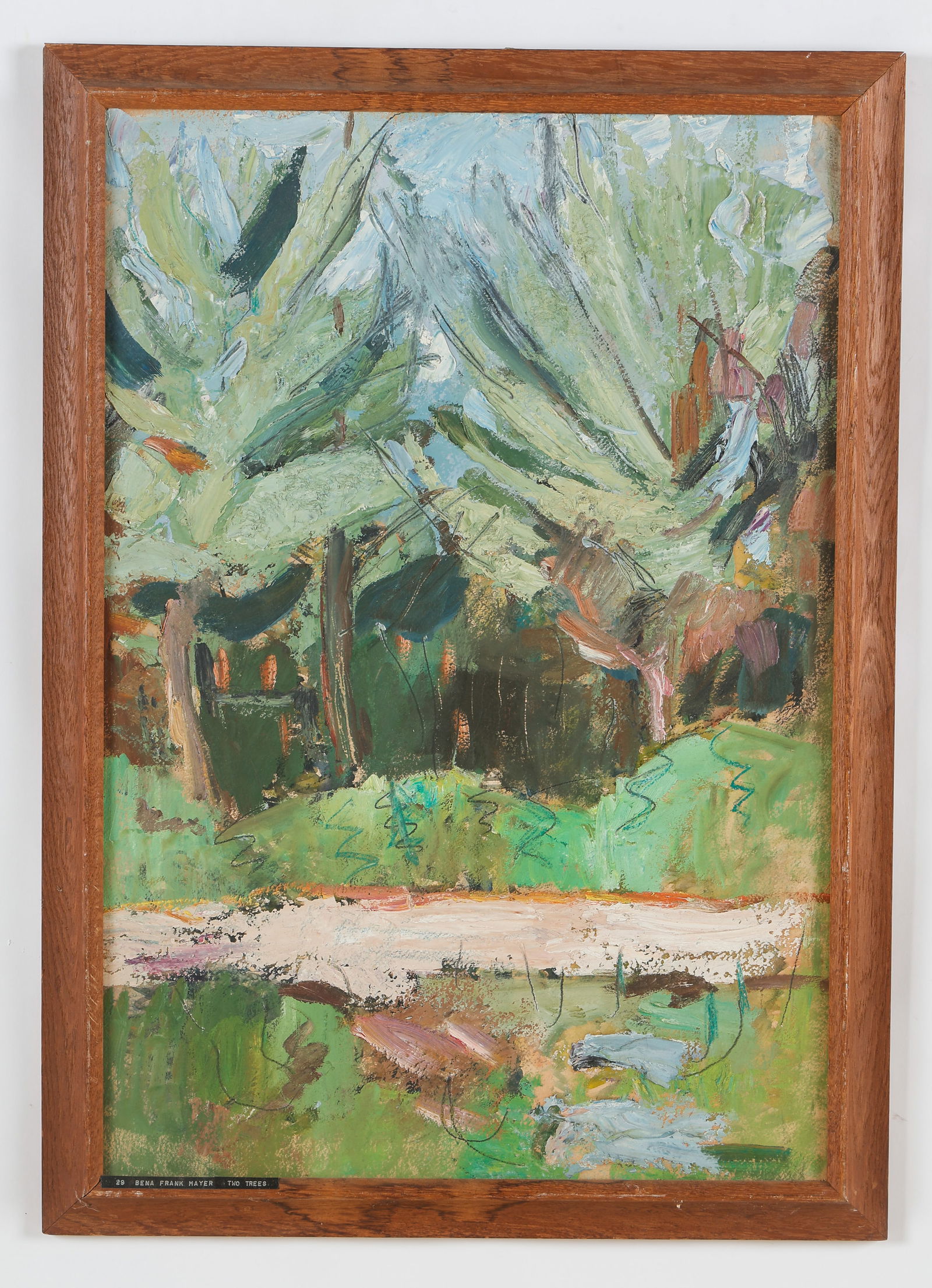 Bena Frank Mayer (American, b. 1900) "Two Trees": Bena Frank Mayer (American, b. 1900) "Two Trees", oil painting on board, label with title, artist, and number. Framed. Size: 30.75'' x 21'', 78 x 53 cm (board); 34.5'' x 24.5'', 88 x 62 cm (frame).
