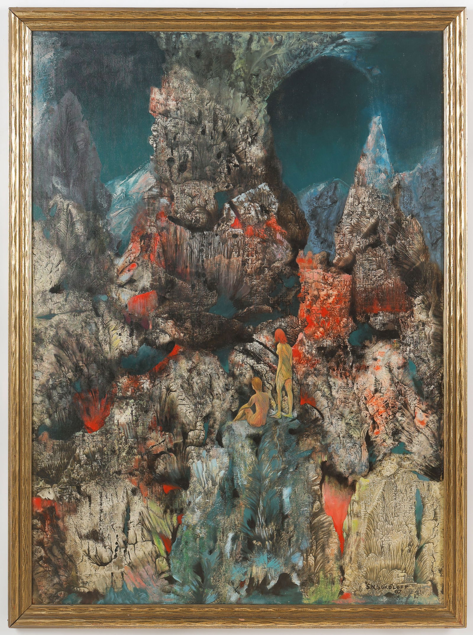 S.N. Sokoloff (20th C.): S.N. Sokoloff (20th C.) "Fantastic Event (Adam + Eve) The Second," 1967, acrylic on canvas, signed and dated recto, inscribed verso. Framed. Size: 50'' x 36'', 127 x 91 cm (stretcher); 53.5'' x 39.5''