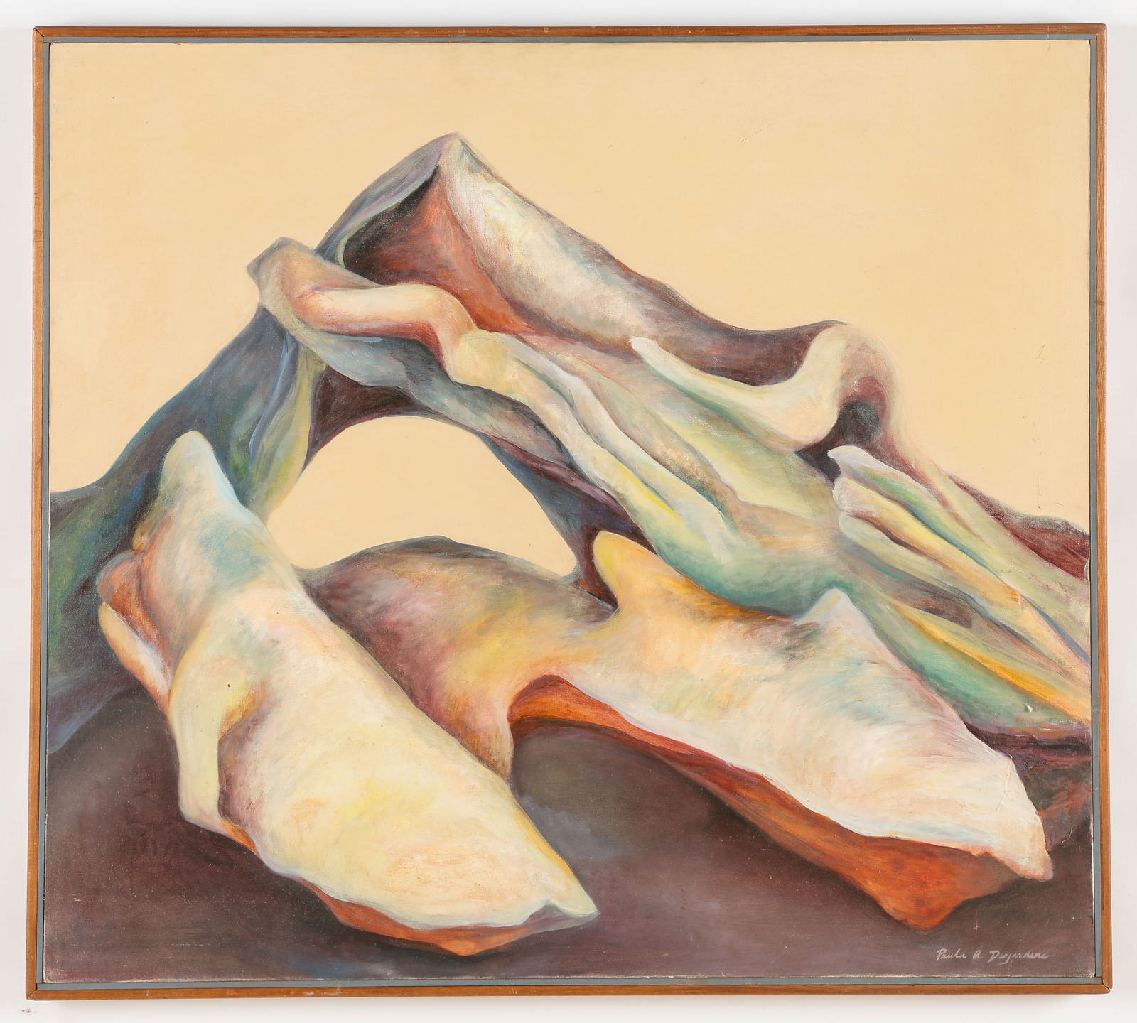 Paula A. Desjardins (American, 20th c.) "Moving Forms": Paula A. Desjardins (American, 20th c.) "Moving Forms," oil painting on canvas, titled, signed. Framed. Size: 36'' x 40'', 91 x 102 cm (stretcher); 37.5'' x 41.5'', 95 x 105 cm (frame).