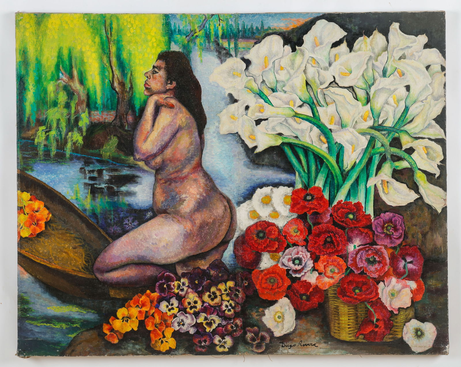 Manner of Diego Rivera (Mexican, 1886-1957) Nude Woman With Flowers: Manner of Diego Rivera (Mexican, 1886-1957) Untitled (Nude Woman With Flowers), oil painting on canvas, signed. Unframed. Size: 45.25'' x 56.25'', 115 x 143 cm (stretcher).