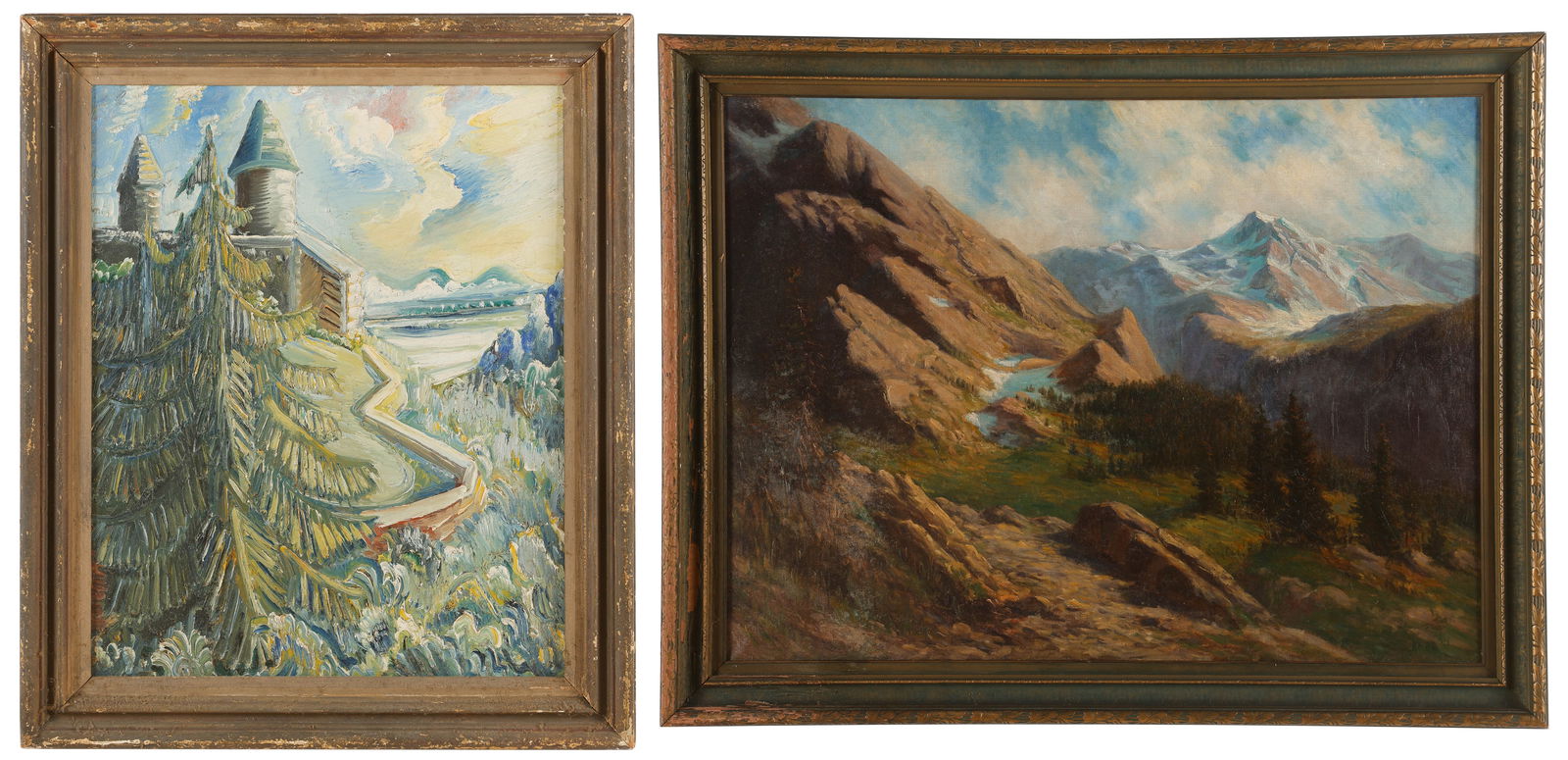 2 Oil Painting Landscapes: 2 Oil Painting Landscapes. 1) Oil painting on canvas, signed illegibly. Framed. Size: 30'' x 40'', 76 x 102 cm (stretcher); 36'' x 46'', 91 x 117 cm (frame). 2) Castle, oil painting on canvas and sign