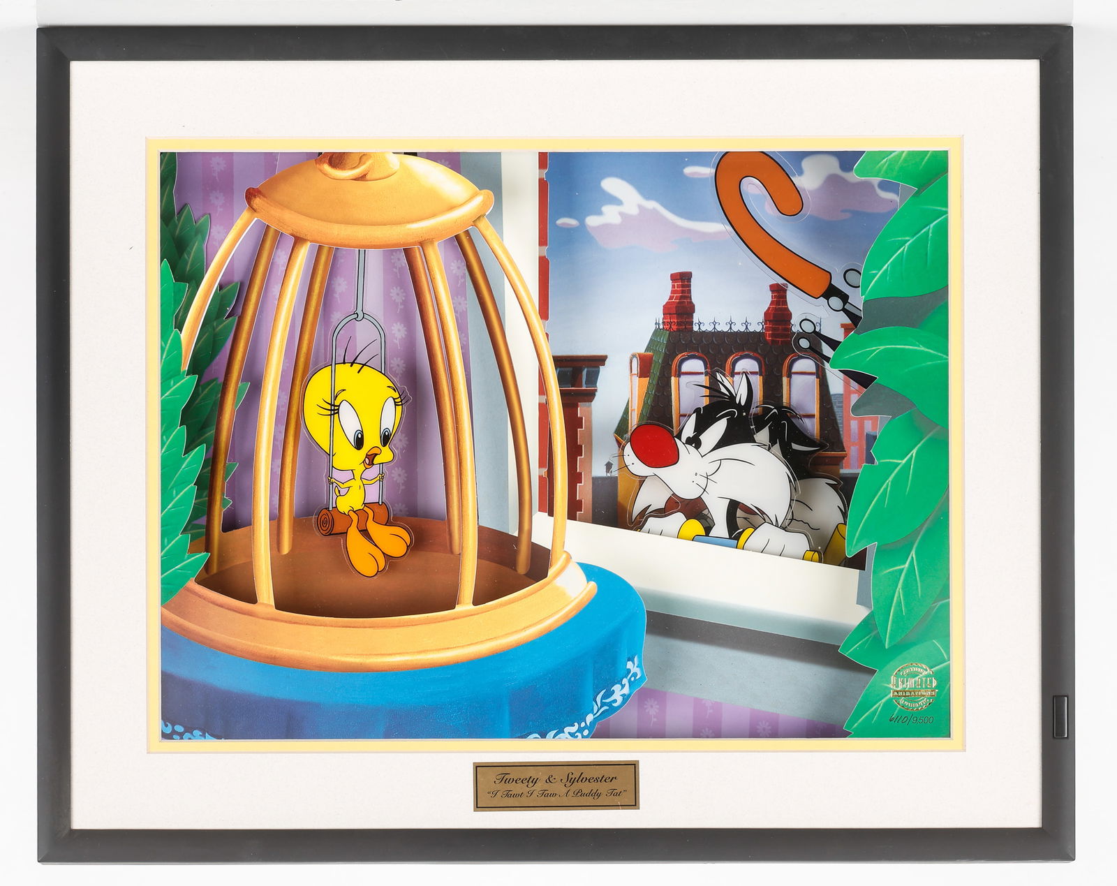 Disney Motion And Sound Animated Cel - Tweety and Sylvester Model #WB2T1: (Warner Bros. Studio, 1998) Impressive limited edition moving artwork model entitled 'I Tawt I Taw A Puddy Tat,' created by Animated Animations and inspired by the classic 1950 Merrie Melodies short '