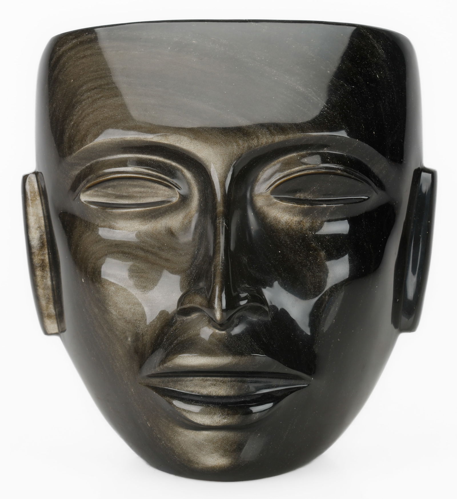 Mexican Rainbow Obsidian Mask: Mexican Rainbow Obsidian Mask. Size: 8.75'' x 8'' x 5'' (22 x 20 x 13 cm).