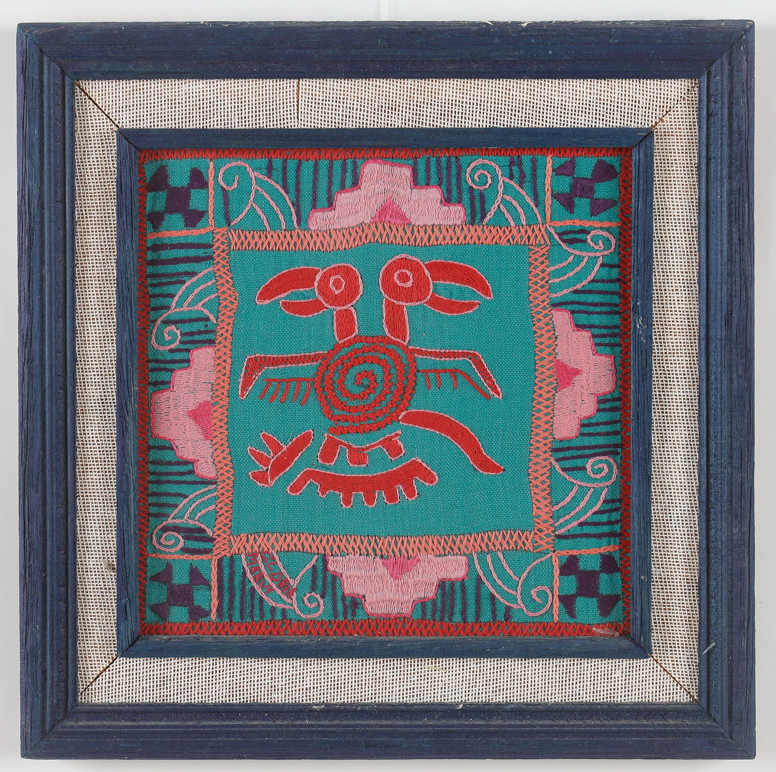 Gloria Marin Rendon (Mexican/Mexico) Aguilas/Eagles: Gloria Marin Rendon (Mexican, 20th c.) "Aguilas," textile art embroidery, embroidered signature. Framed. Size: 9.75'' x 10'', 25 x 25 cm (image); 15'' x 15'', 38 x 38 cm (frame). Provenance: Purchased