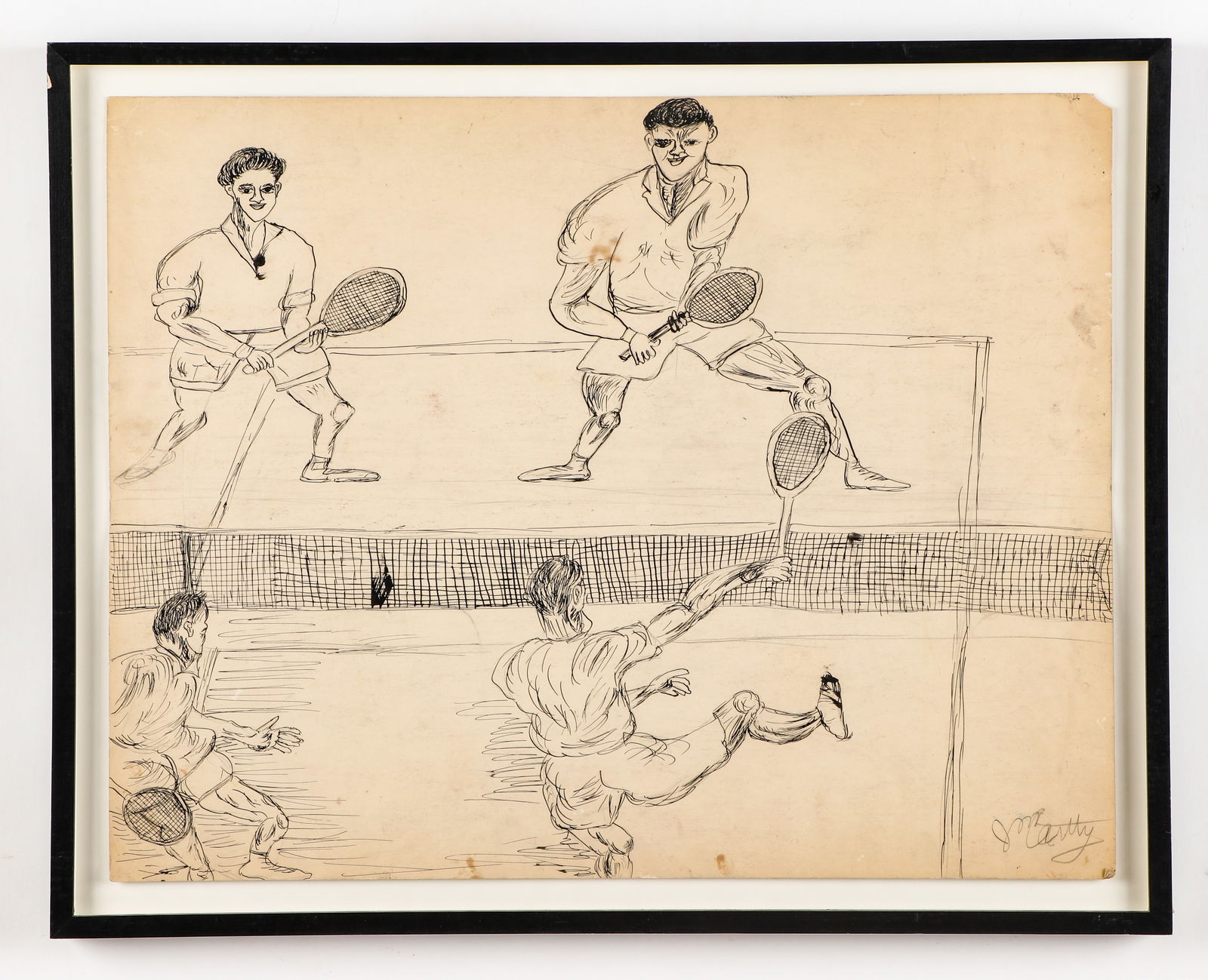 Justin McCarthy (American, 1892-1977): Justin McCarthy (American, 1892-1977) Untitled (Tennis Players), ink and pencil drawing on cardboard, signed. Framed. Size: 22'' x 28'', 56 x 71 cm (sheet); 25'' x 31'', 64 x 79 cm (frame).