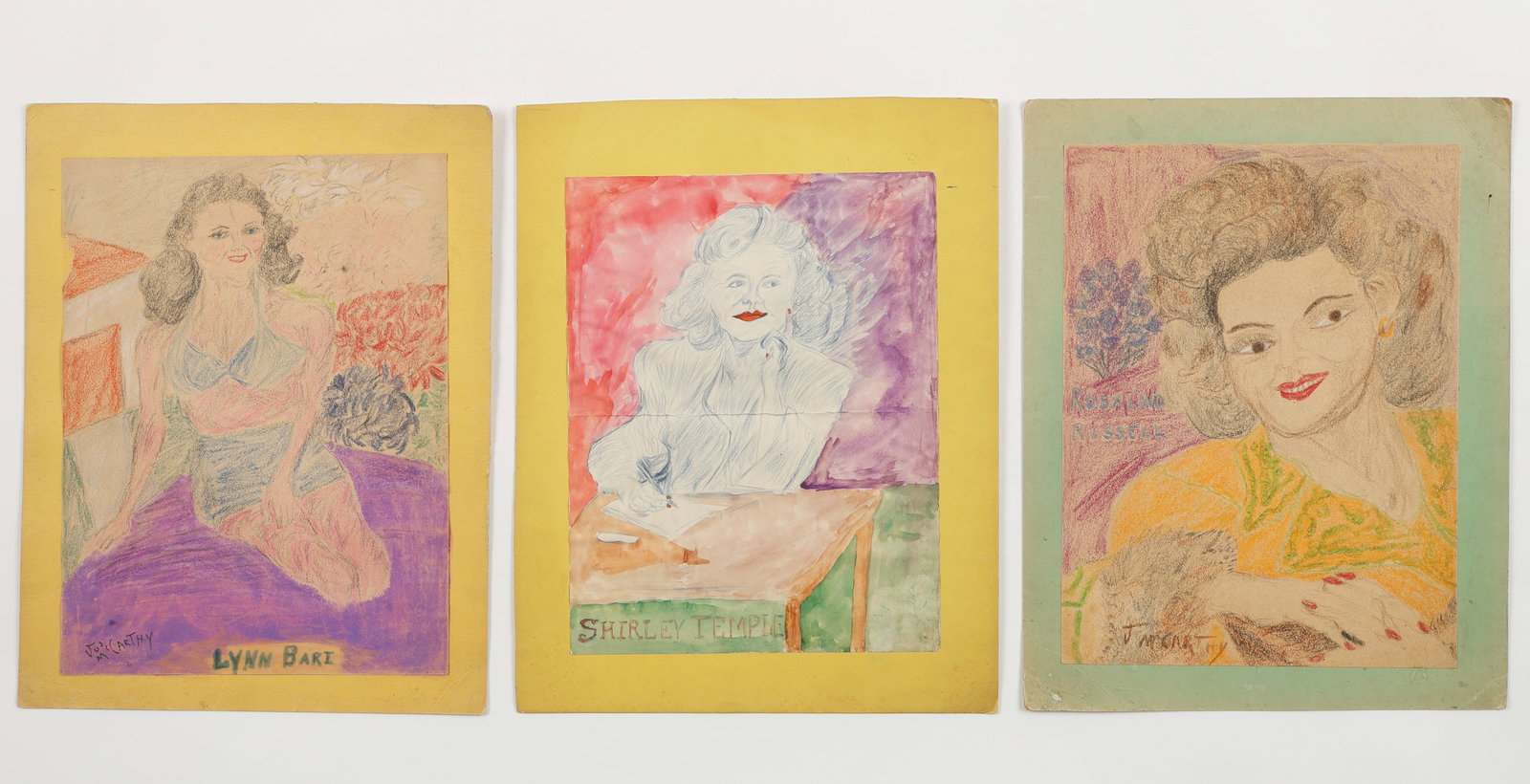 Justin McCarthy (American, 1892-1977) 3 Celebrity Portraits: Justin McCarthy (American, 1892-1977) 3 Celebrity Portraits, works of paint, crayon, graphite, and colored pencil on paper and board, signed. Unframed. Depicts Shirley Temple, Lynn Bari. Stamp and sig