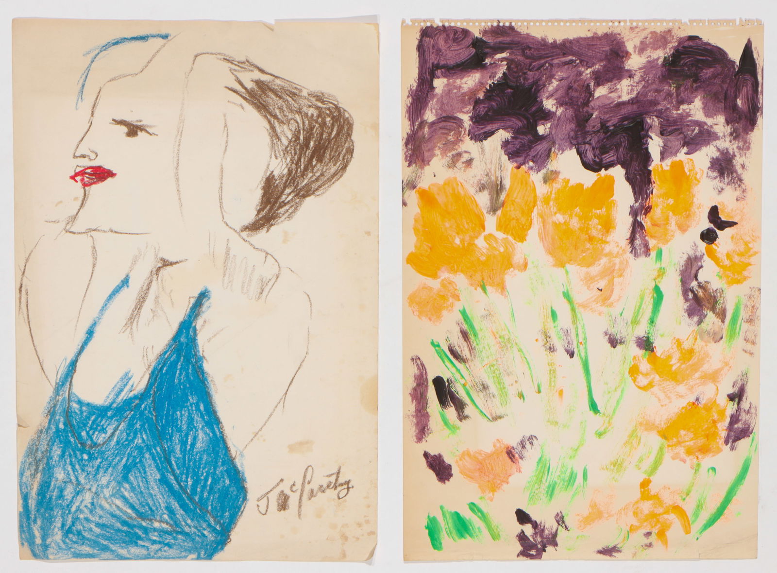 Justin McCarthy (American, 1892-1977) 2 Pieces: Justin McCarthy (American, 1892-1977) 2 Pieces, crayon and tempera paint on paper, signed. Unframed. Sizes: 1) 17.75'' x 12'', 45 x 30 cm (Paper); 2) 18'' x 12'', 46 x 30 cm (Paper).