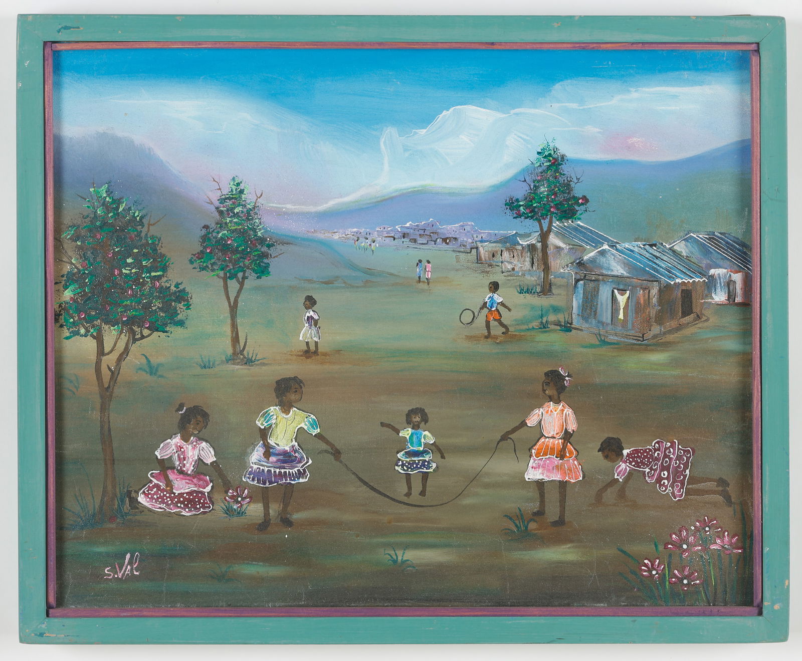 S. Val (Haitian/Haiti) "Skipping Rope": S. Val (Haitian, 20th/21st c.) "Skipping Rope," oil painting on canvas, signed. Framed. Size: 16'' x 20'', 41 x 51 cm (stretcher); 17.5'' x 21.5'', 44 x 55 cm (frame).