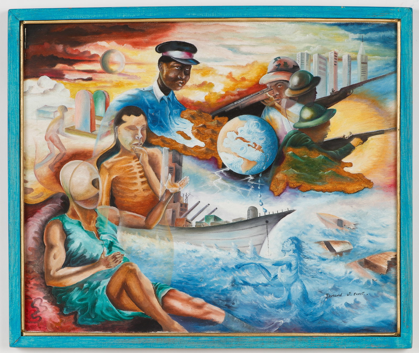 Joseph Ernst Domond (Haitian/Haiti) Boat Dream: Joseph Ernst Domond (Haitian, 20th c.) Untitled (Boat Dream), acrylic painting on canvas, signed. Framed. Size: 20'' x 24'', 51 x 61 cm (stretcher); 21.5'' x 25.5'', 55 x 65 cm (frame). Provenance: Ga