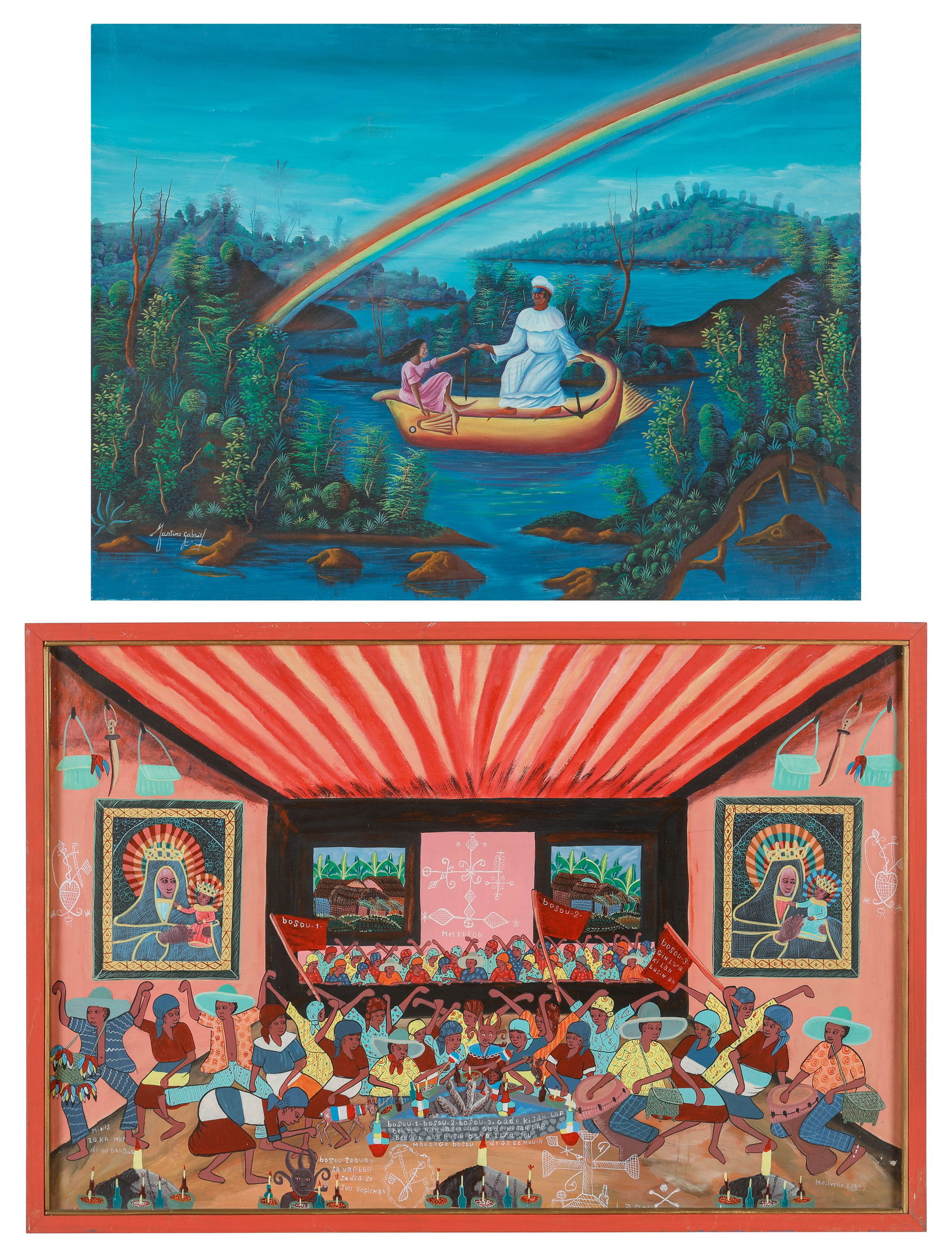 Malherbe Tenay (Haitian/Haiti) And Martino Gabriel (Haitian/Haiti): Malherbe Tenay (Haitian, 20th c.) 1) Ceremony Bossou, acrylic painting on canvas, signed. Framed. Size: 24'' x 36'', 61 x 91 cm (stretcher); 25.5'' x 37.5'', 65 x 95 cm (frame). 2) Martino Gabriel (Ha