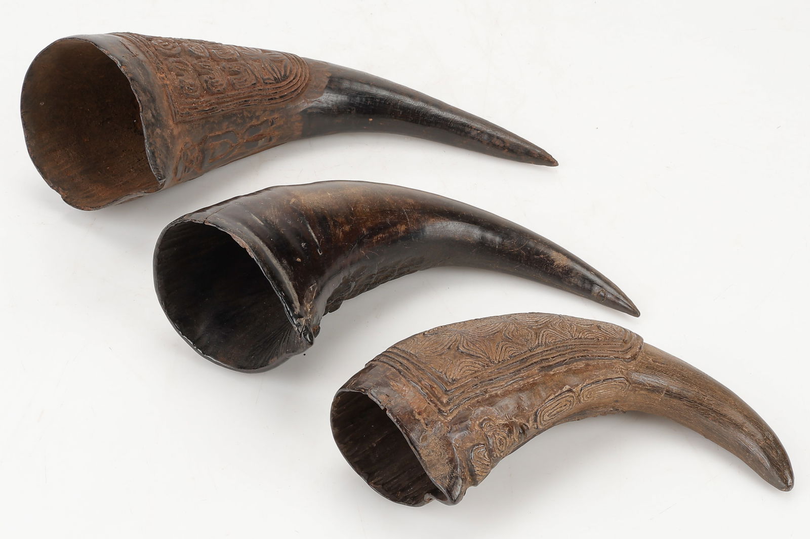 3 Bamileke or Bamun Ritual Palm Wine Cups, Carved Buffalo Horn (1 of 3)