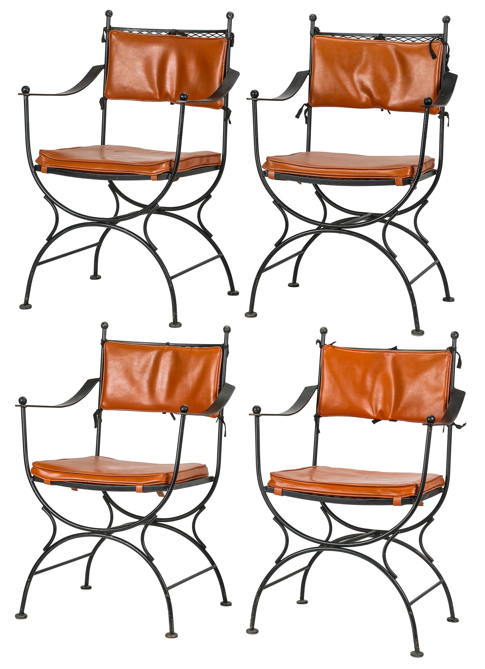 Set of 4 Iron Chairs with Orange Leather Cushions (1 of 11)