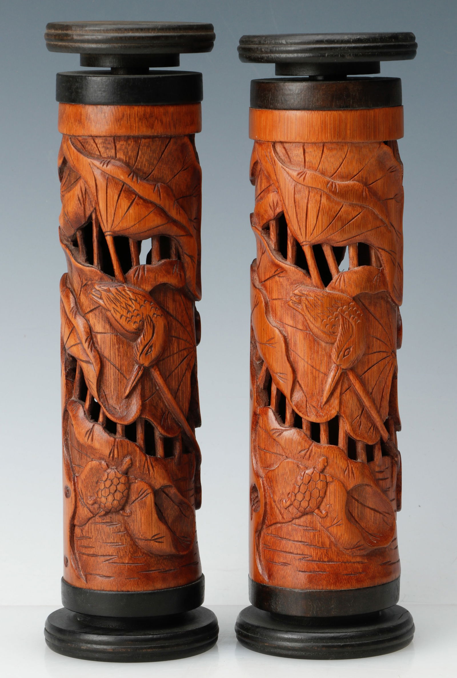 2 Chinese Carved Bamboo Incense Burners: 2 Chinese Carved Bamboo Incense Burners. Each Height: 9.5" (24 cm). Provenance: Private Philadelphia Estate Collection.