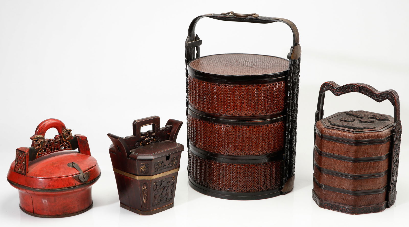 Group of Four Chinese Wooden Wedding Baskets: Group of Four Chinese Wooden Wedding Baskets. Sizes From: 12'' x 10'' x 10'' (30 x 25 x 25 cm); To: 26'' x 16.5'' x 15'' (66 x 42 x 38 cm). Provenance: Private Philadelphia Estate Collection.